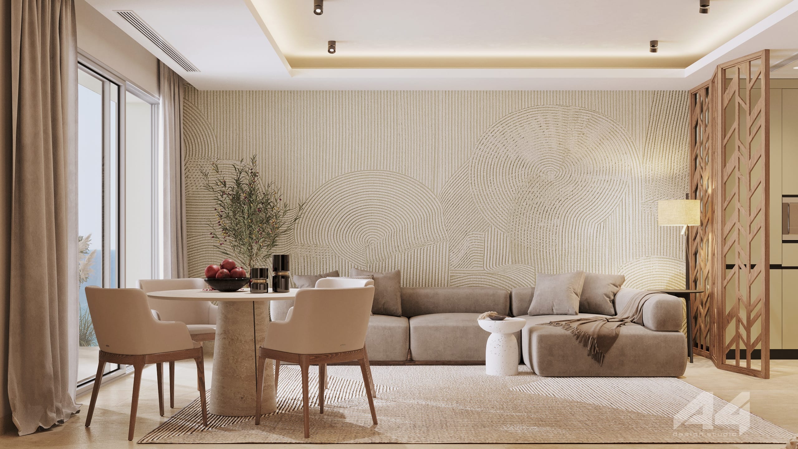 a living room with a couch and a table