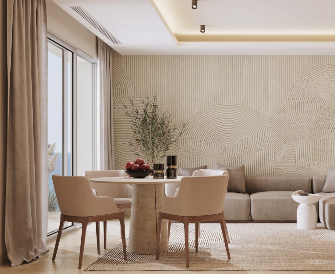 a living room with a couch and a table