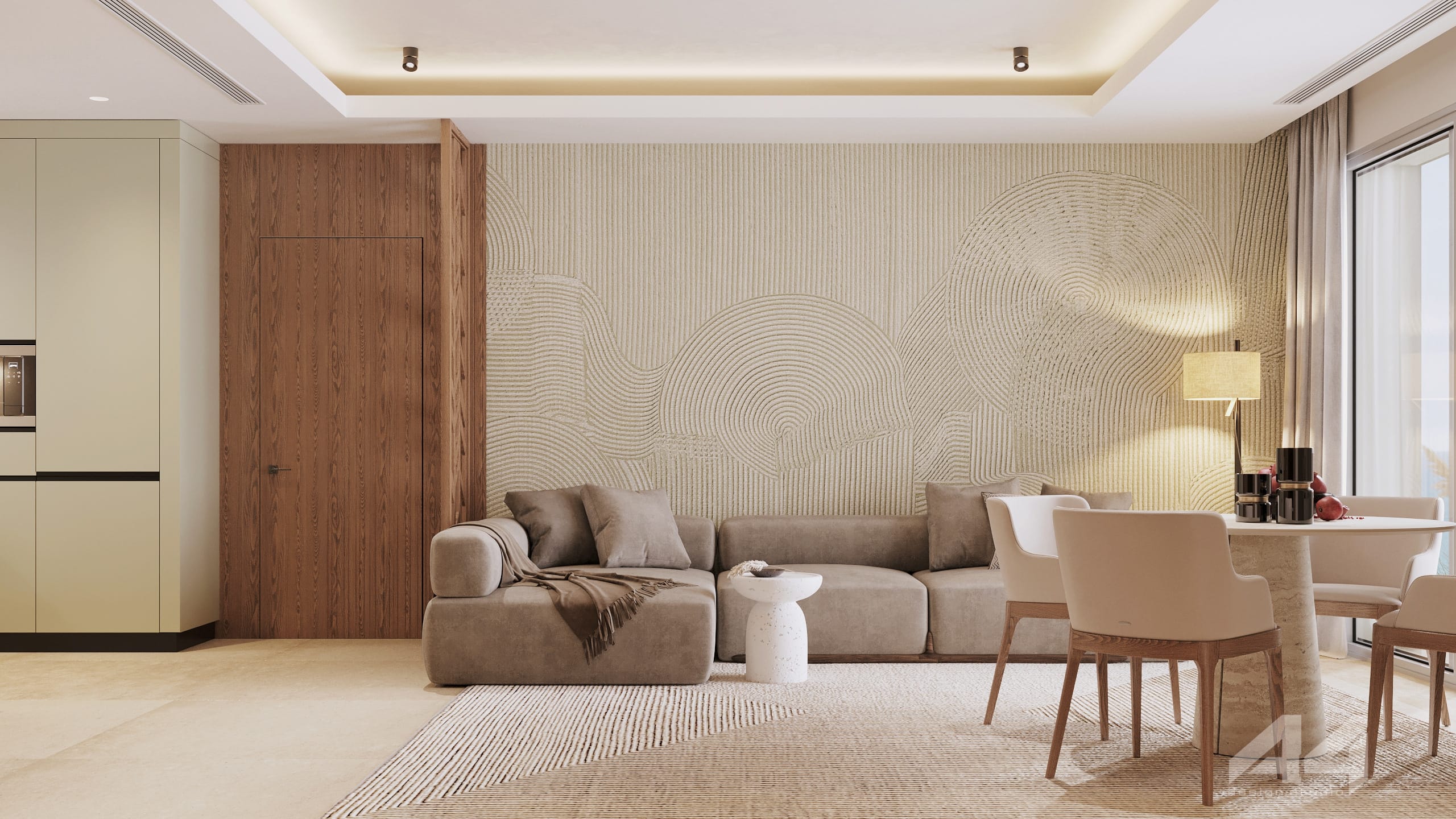 a living room with a couch and a table