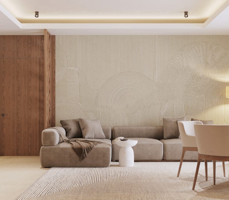 a living room with a couch and a table