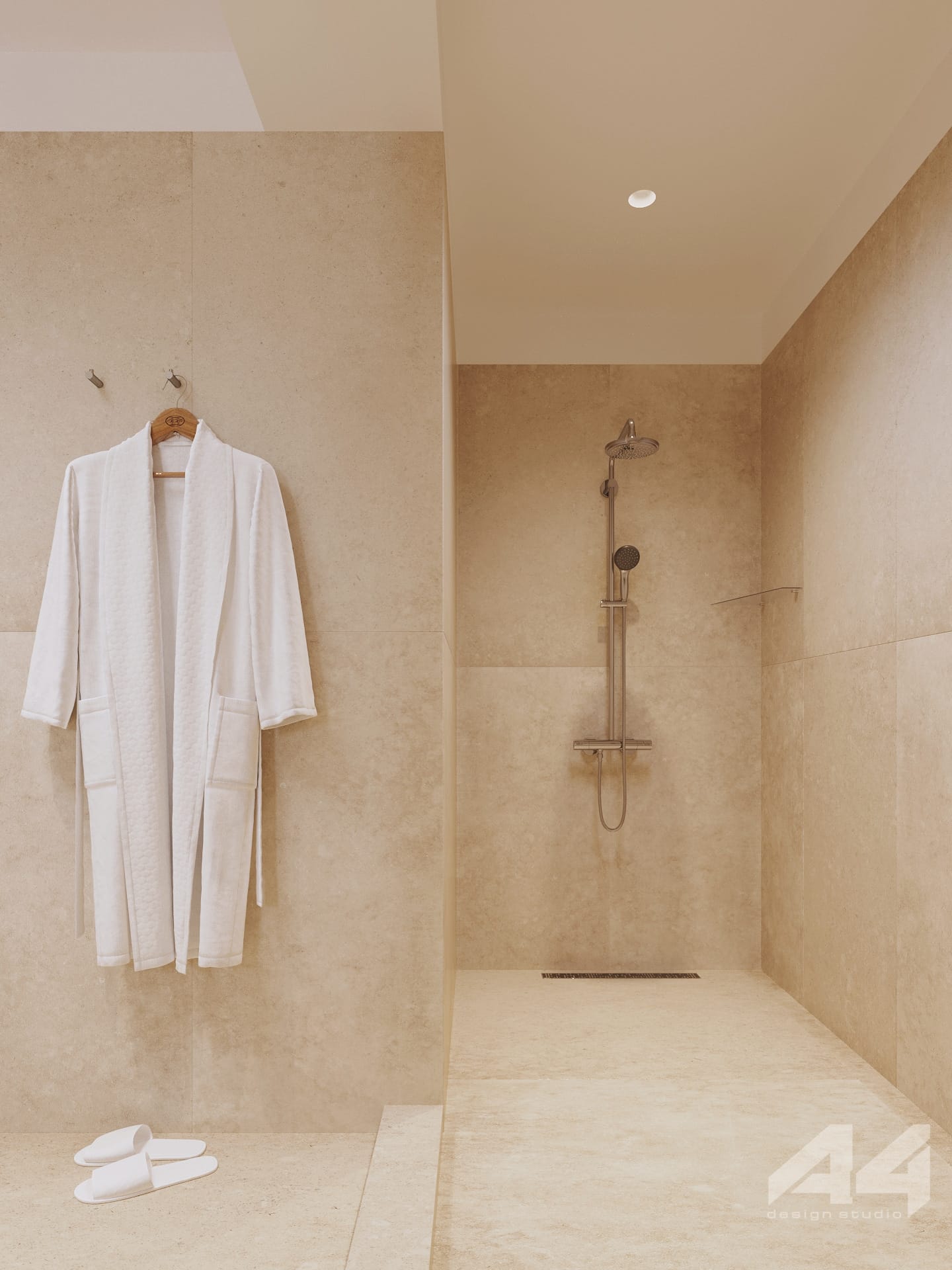 a bathroom with a shower and a sink