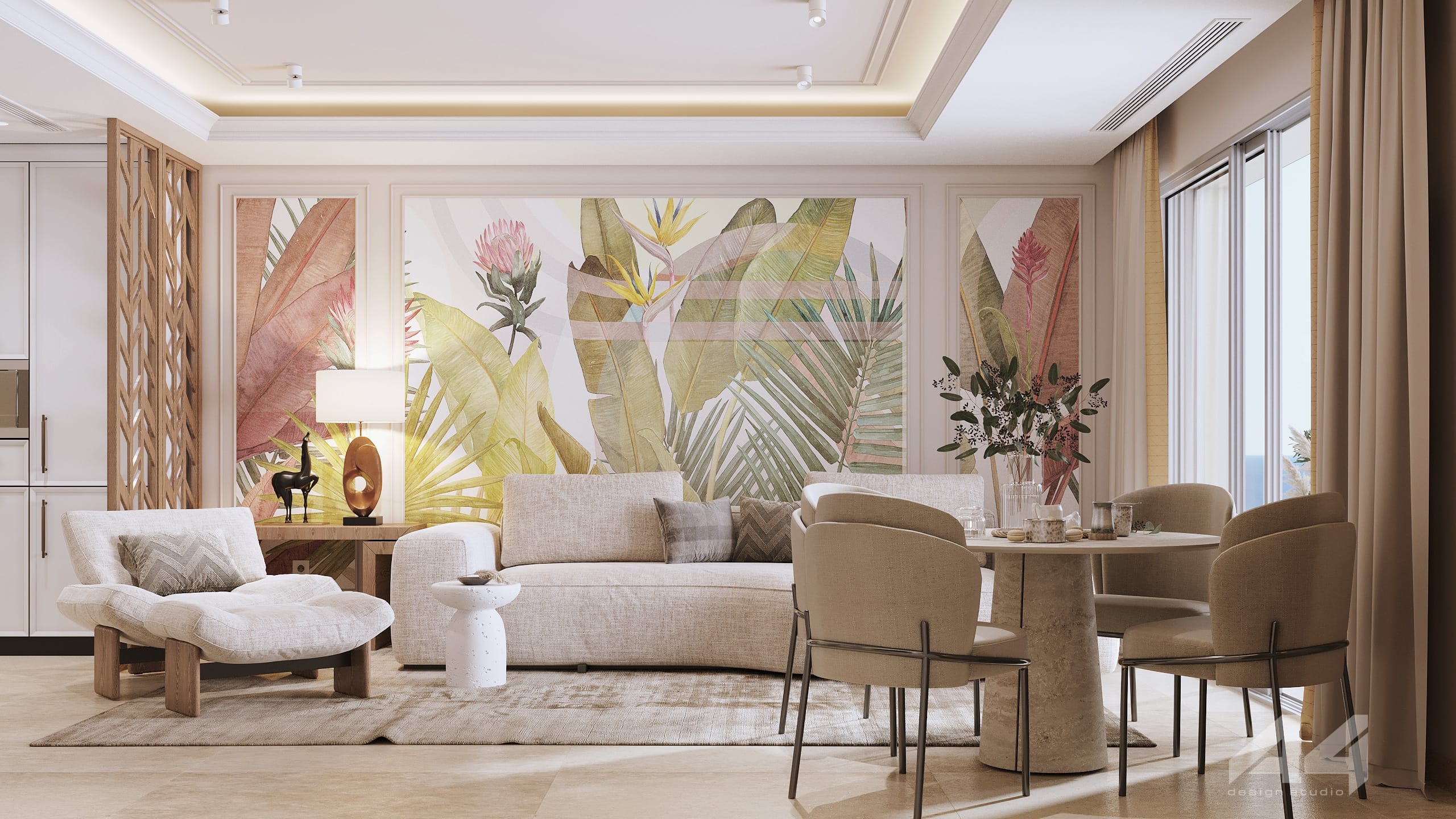 a living room with a white couch and a table with a white couch