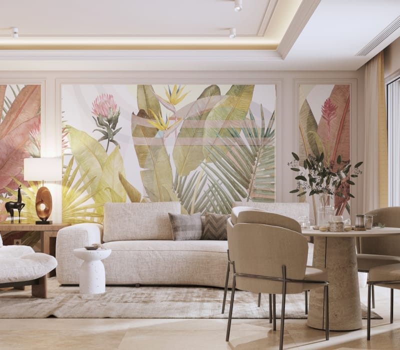 a living room with a white couch and a table with a white couch