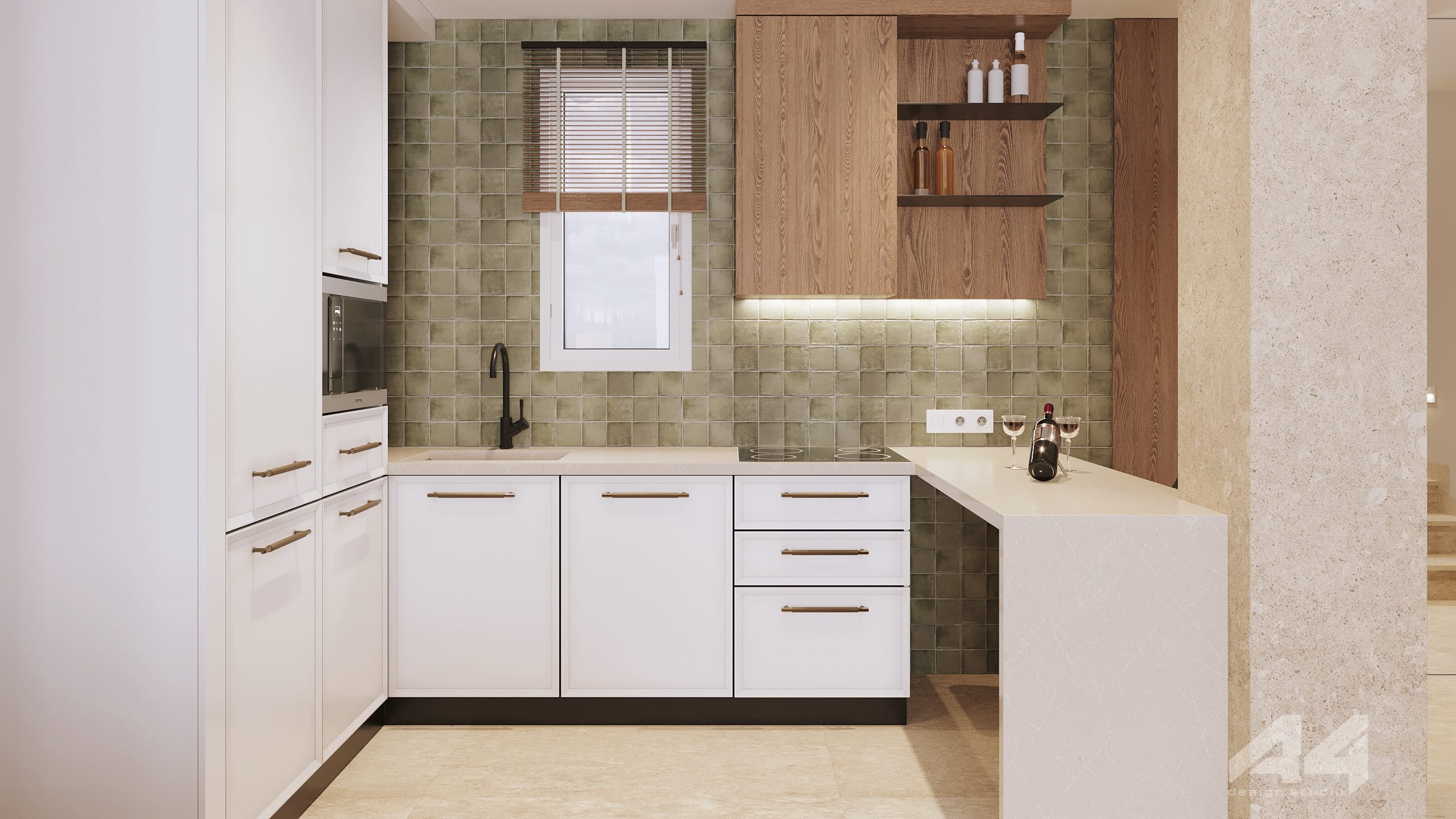 a kitchen with white cabinets