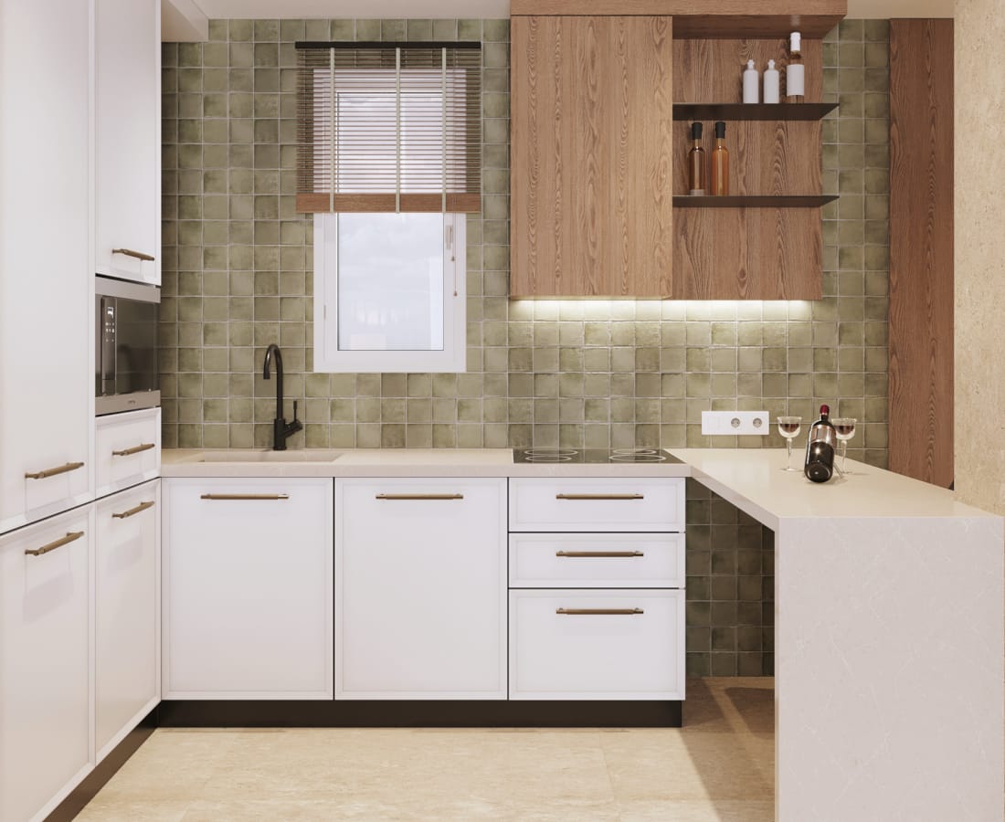 a kitchen with white cabinets