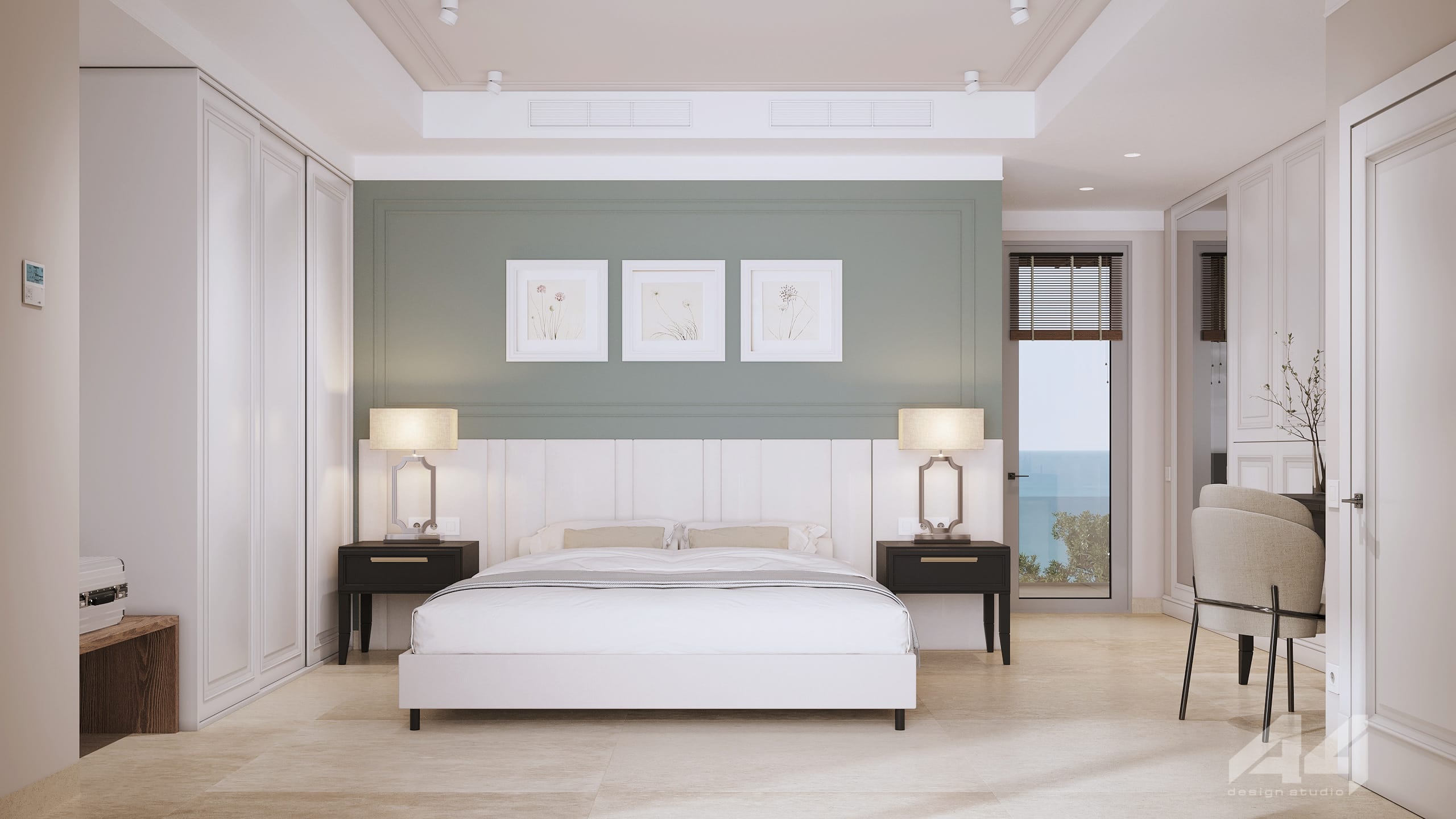 a bedroom with a bed and lamps