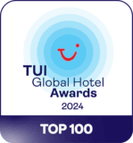a logo with a red circle and text