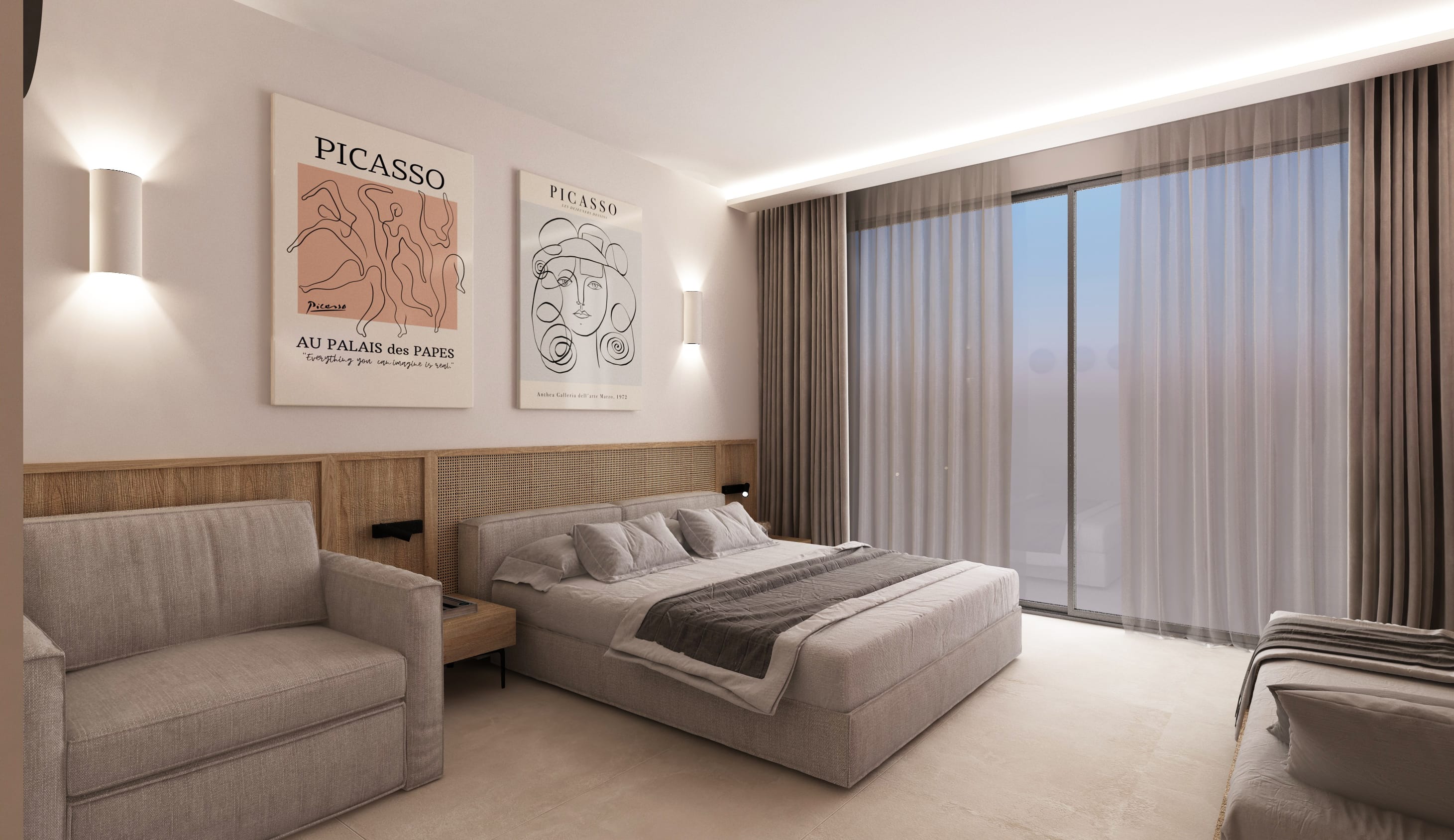 a bedroom with a bed and a couch