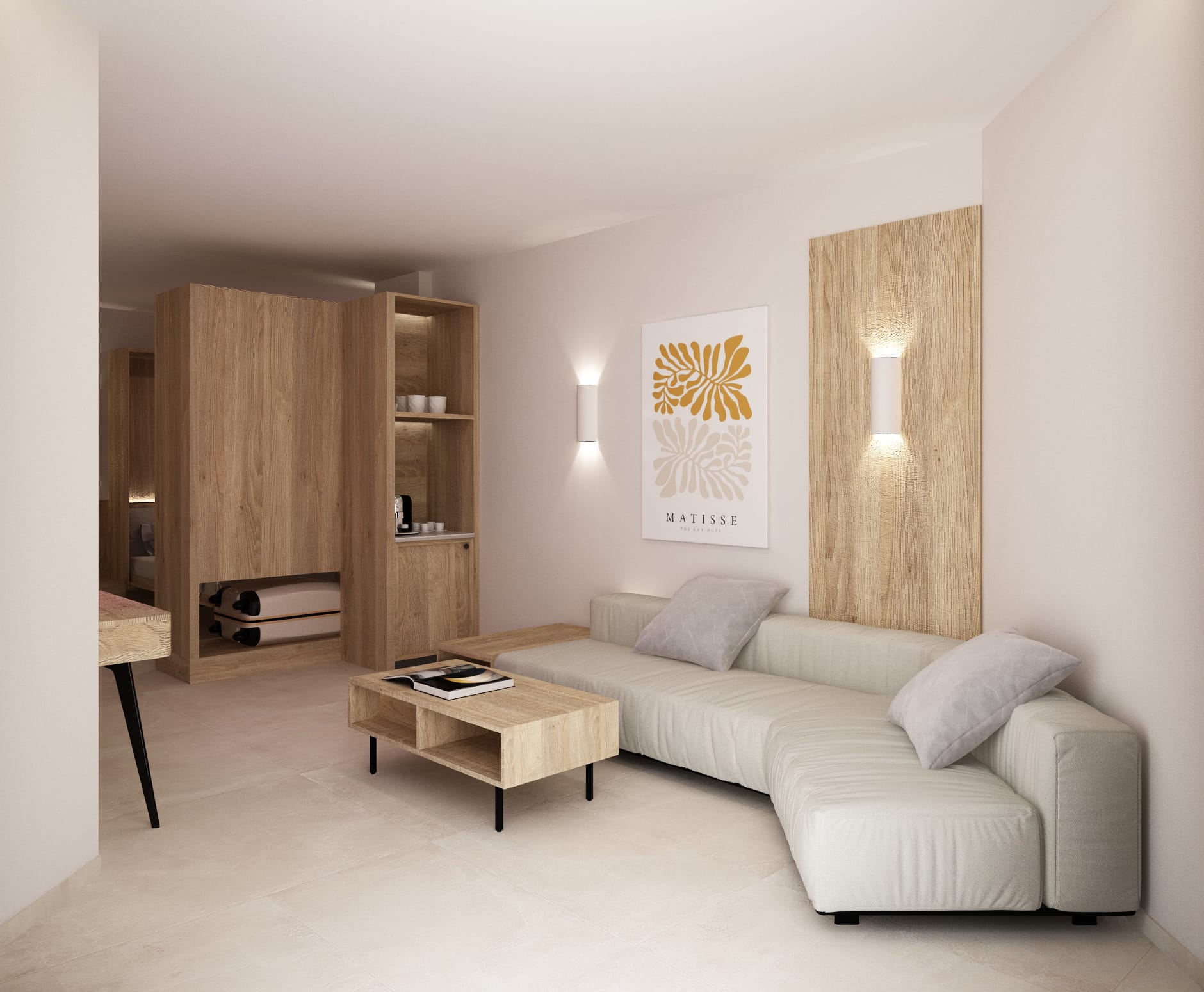 a bedroom with a bed and a mirror