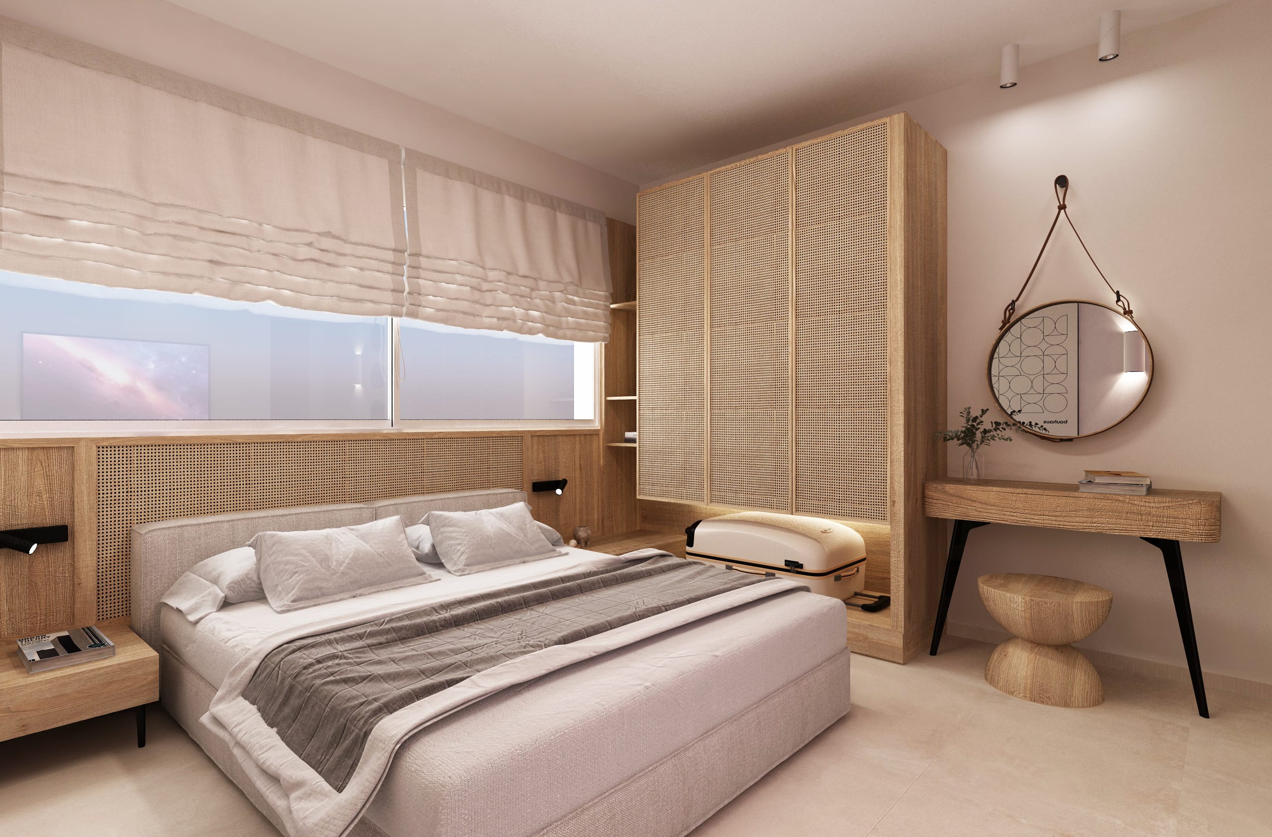 a bedroom with a bed and a mirror