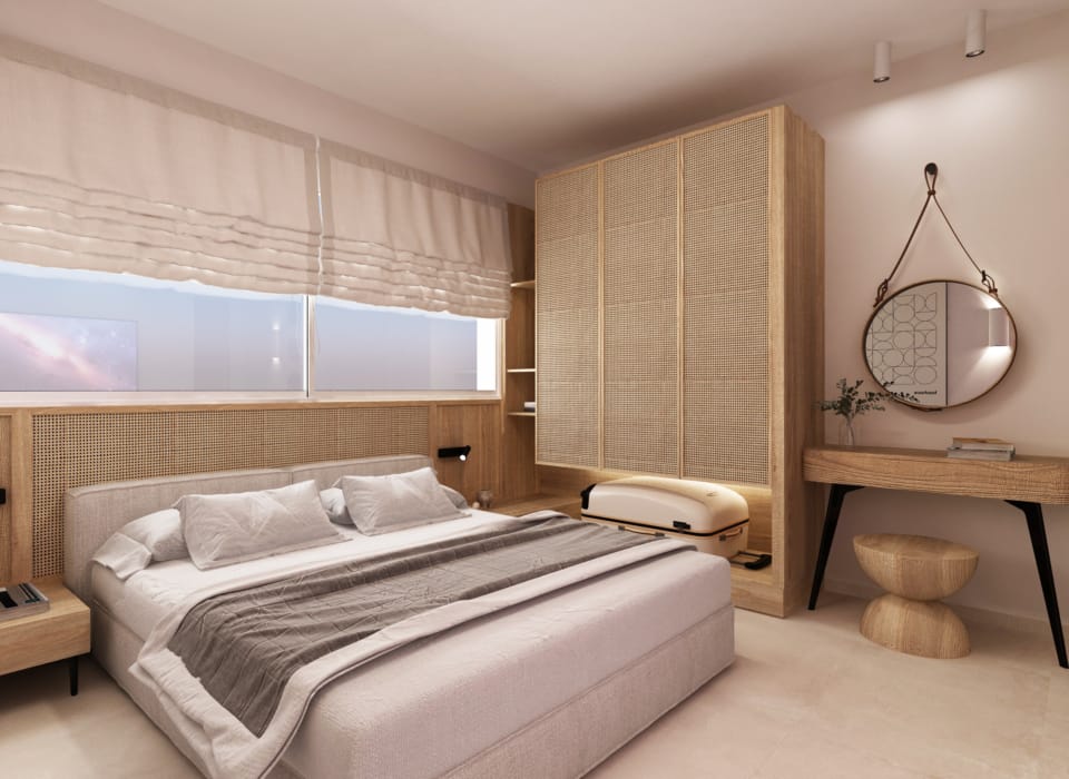 a bedroom with a bed and a mirror