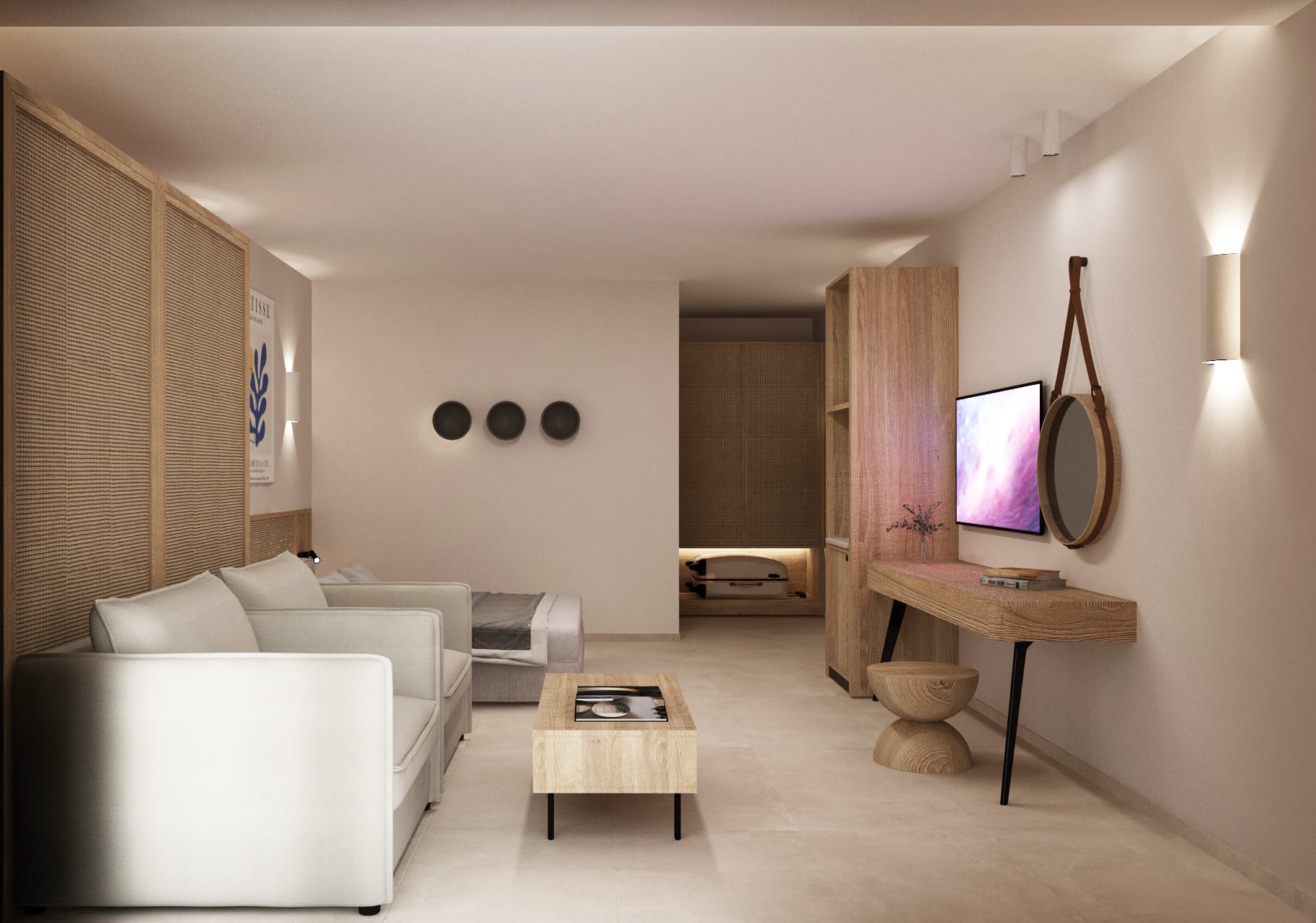 a room with a white couch and a table
