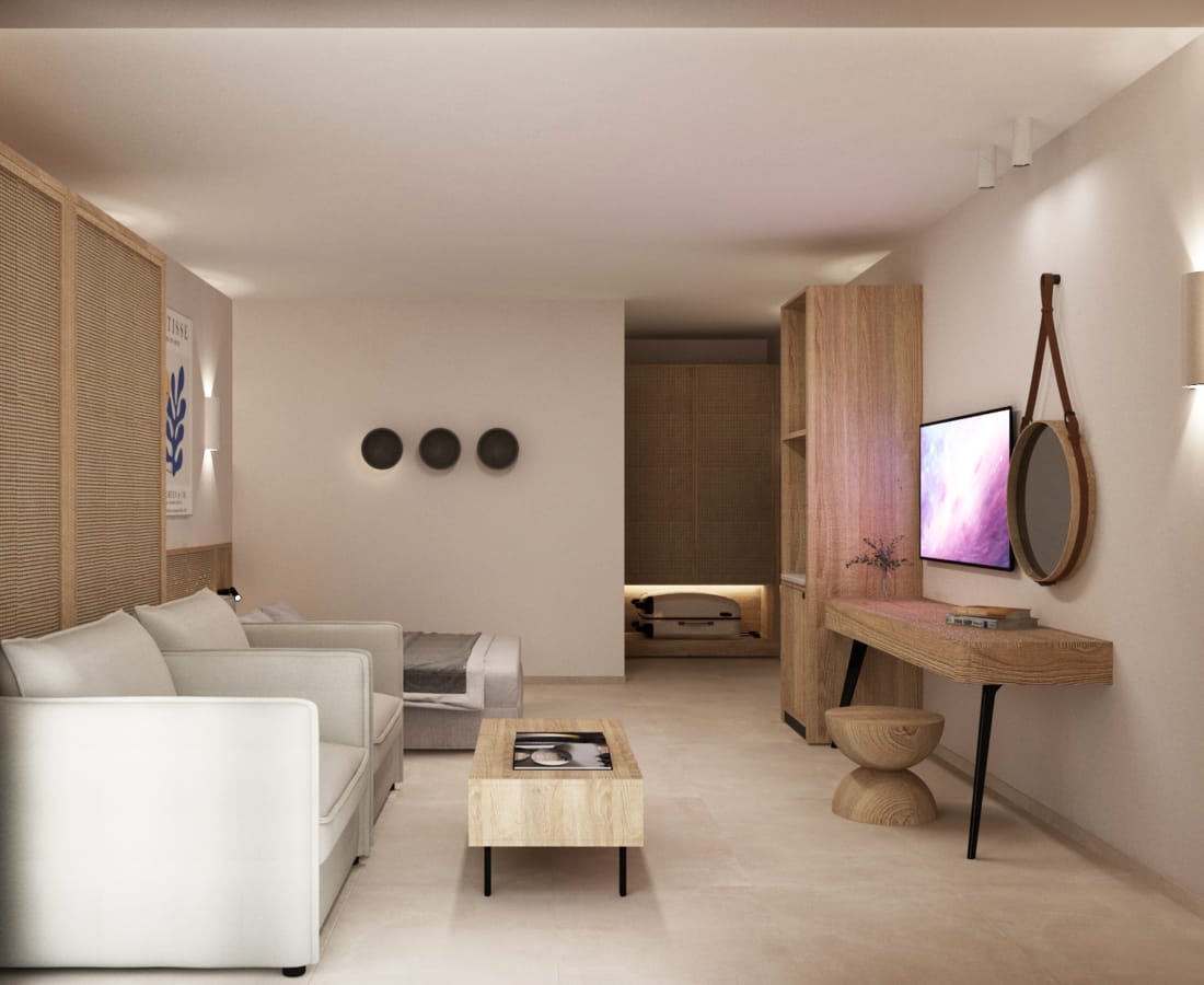 a room with a white couch and a table