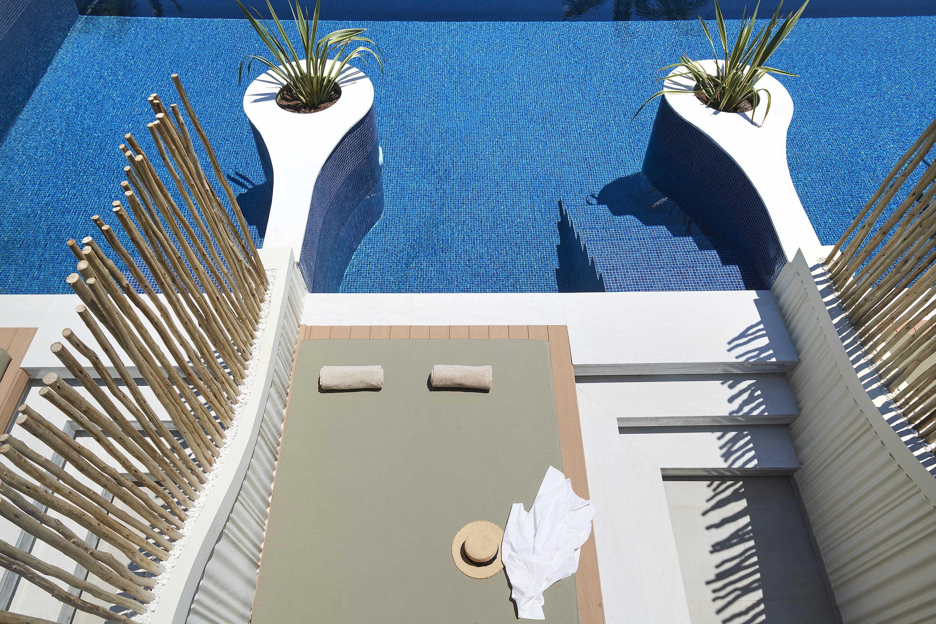 a pool with a deck and a plant on the edge