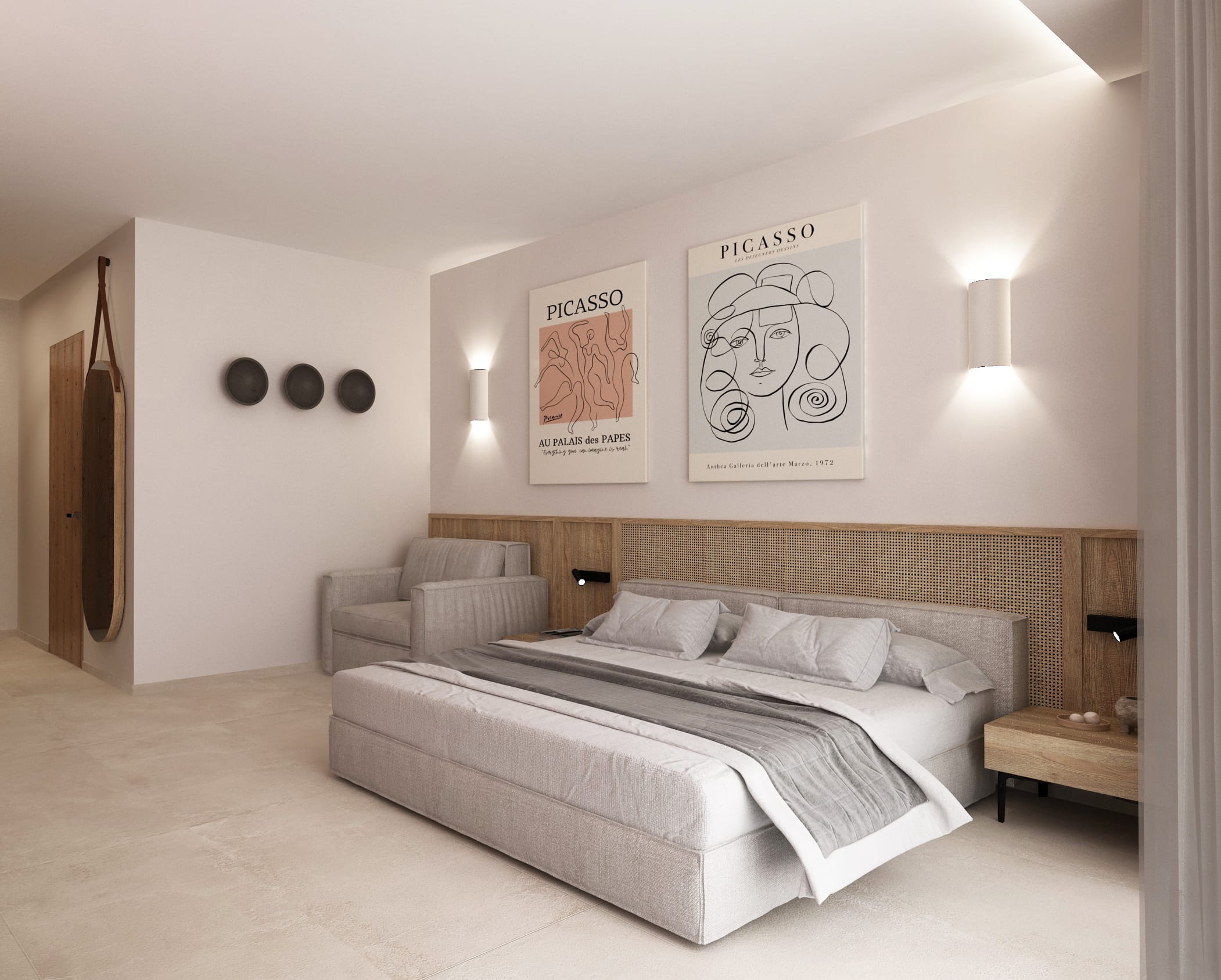 a bedroom with a bed and a chair