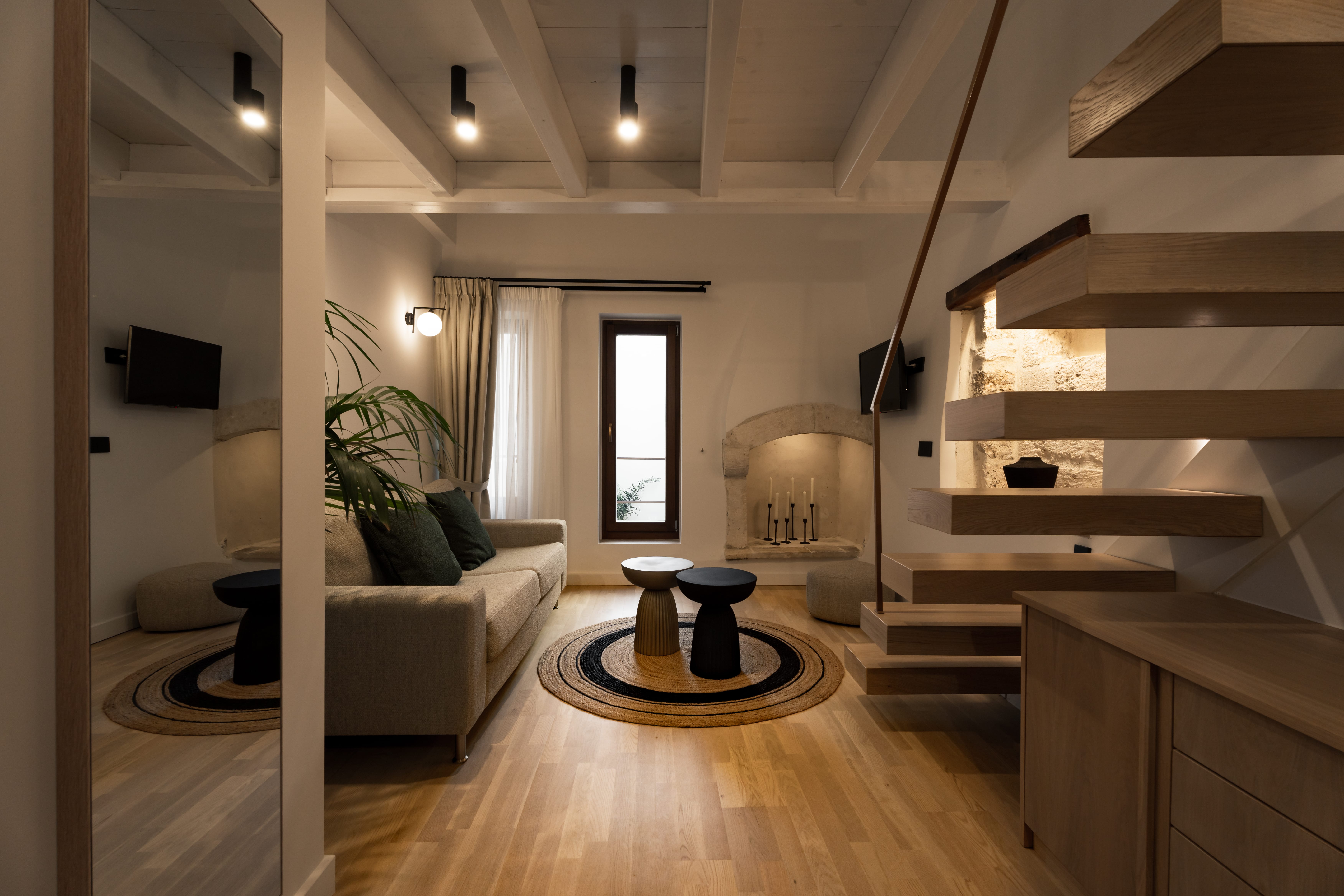 a living room with a wood floor