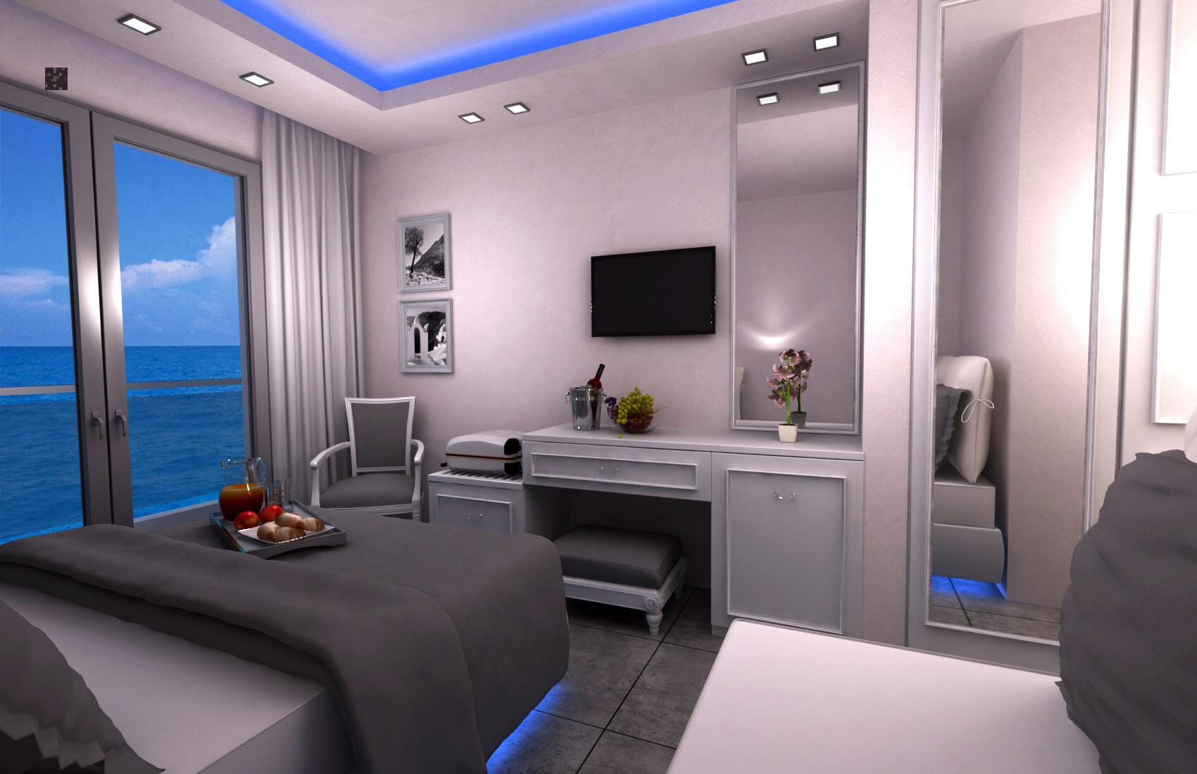 a room with a bed and a tv