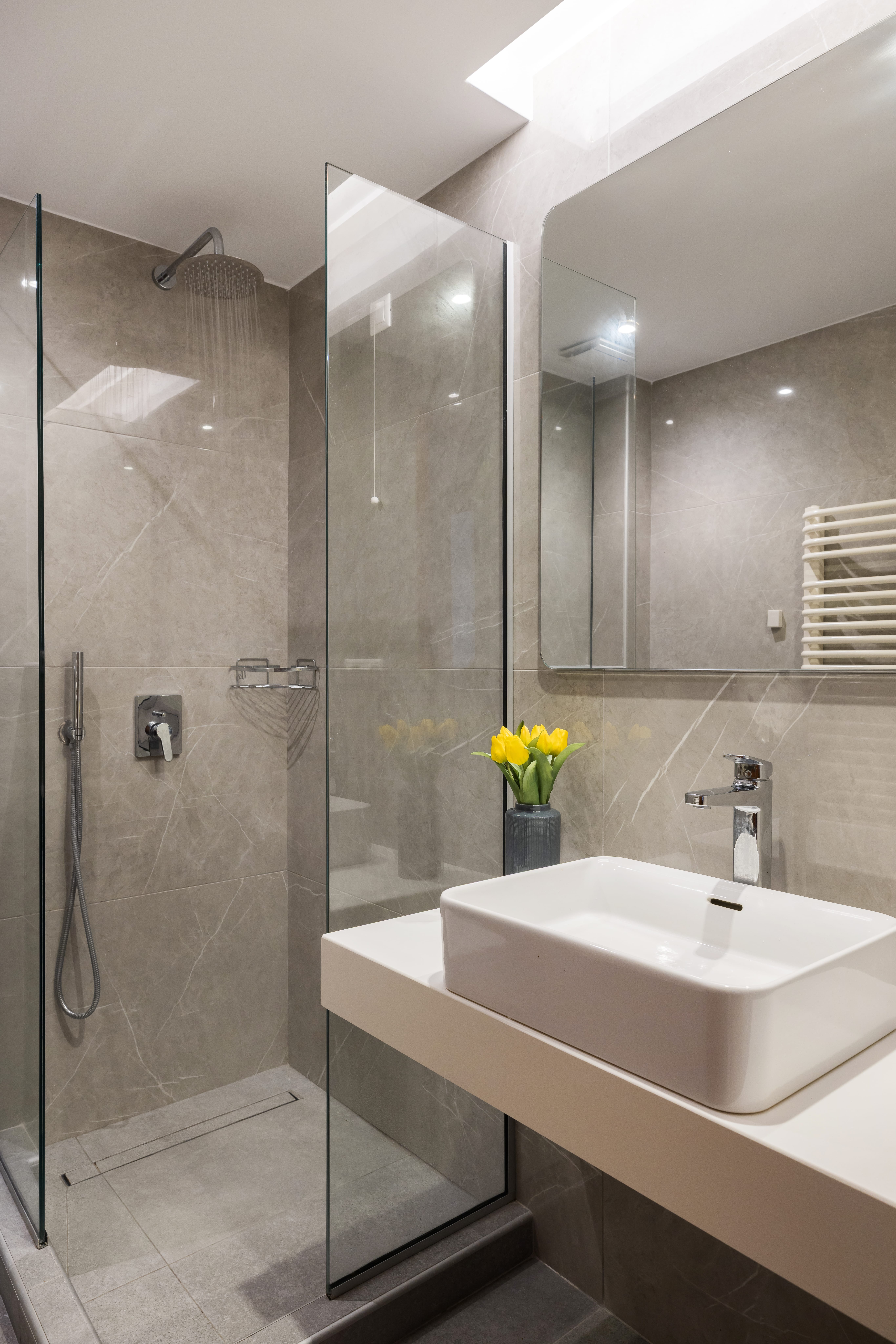 a bathroom with a glass shower