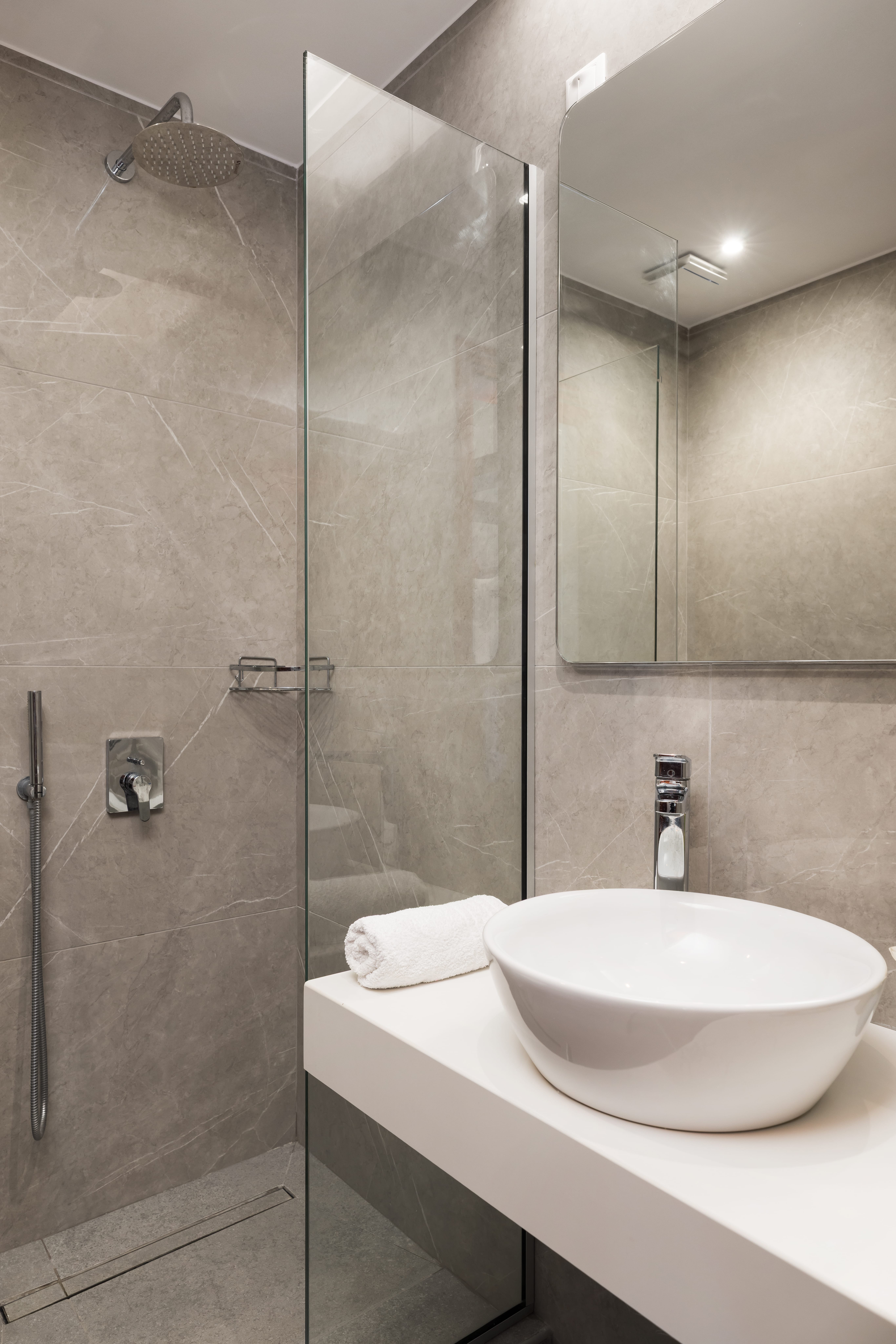 a bathroom with a glass shower