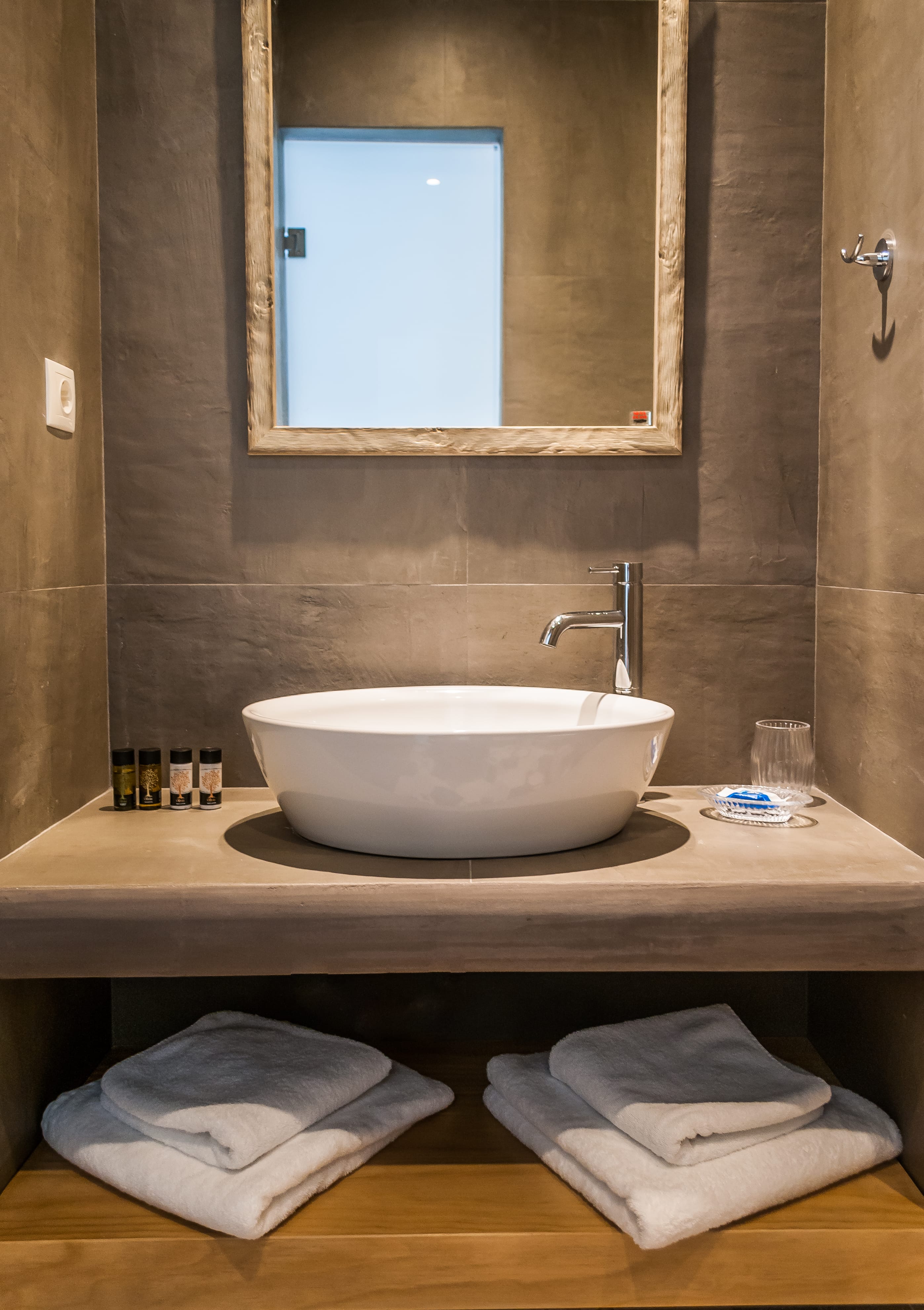 a bathroom with a large mirror