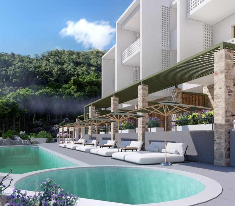 a swimming pool outside a building