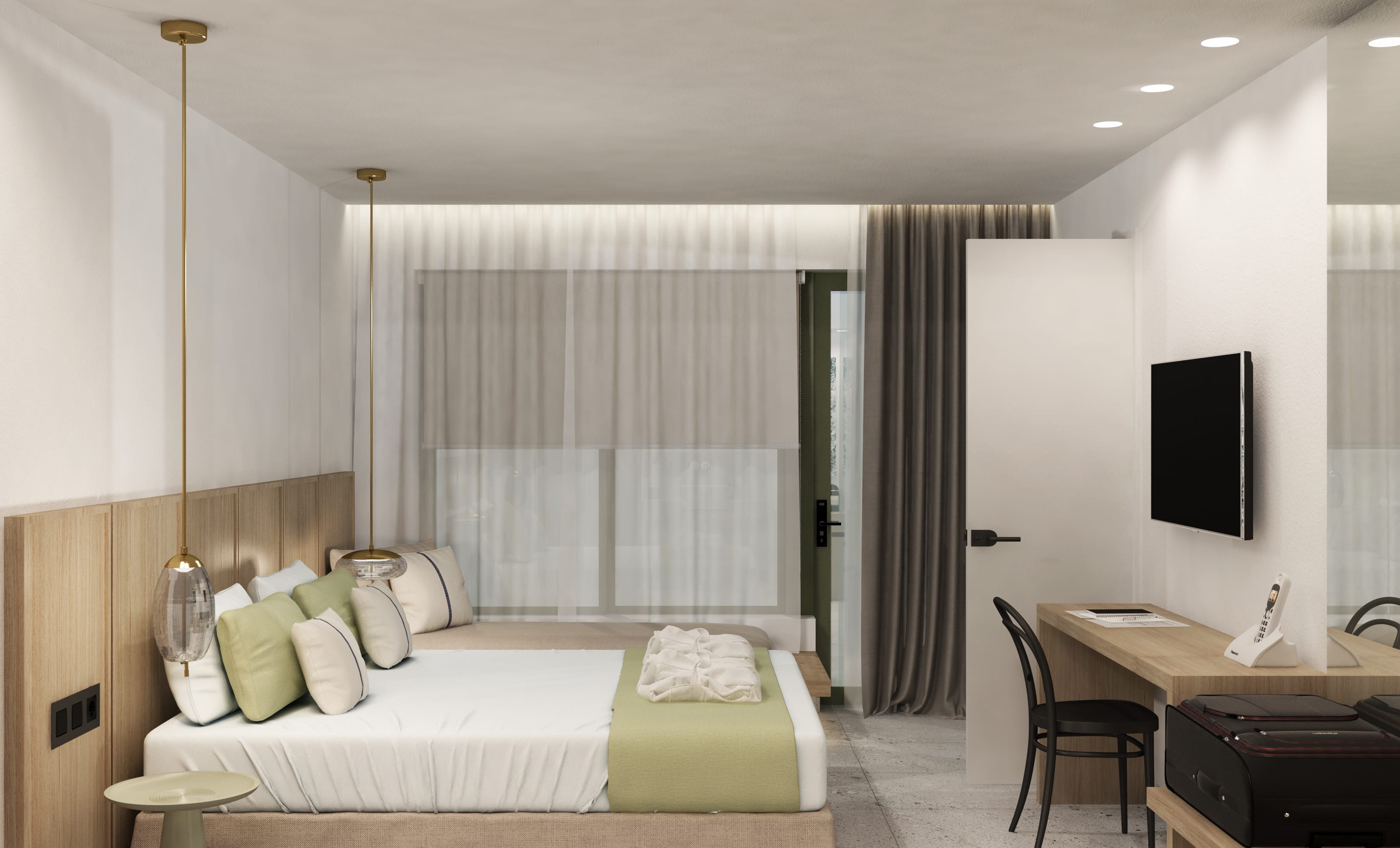 a bedroom with a bed and a tv