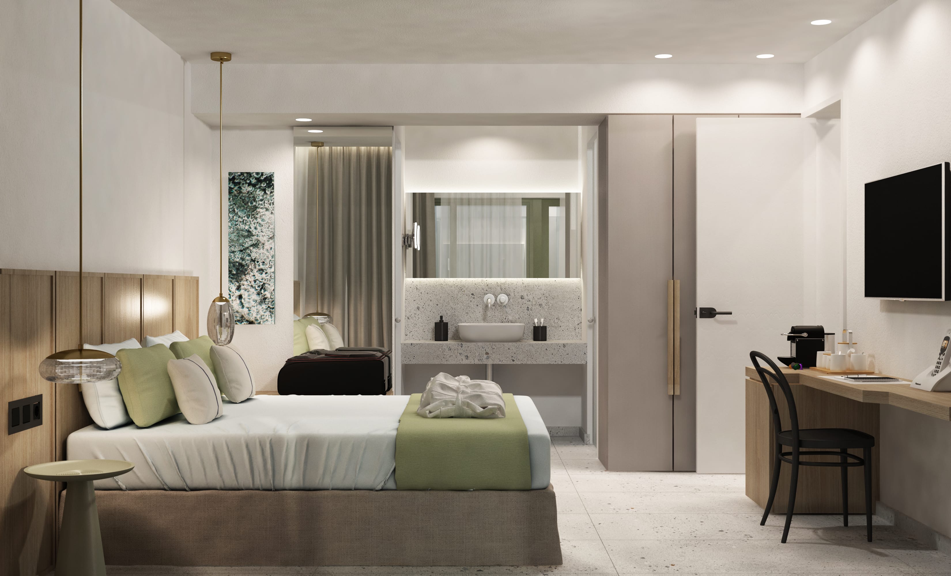 a room with a bed and a tv