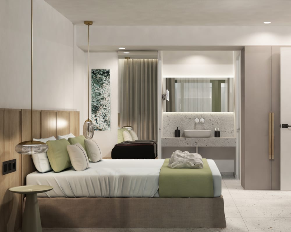 a room with a bed and a tv