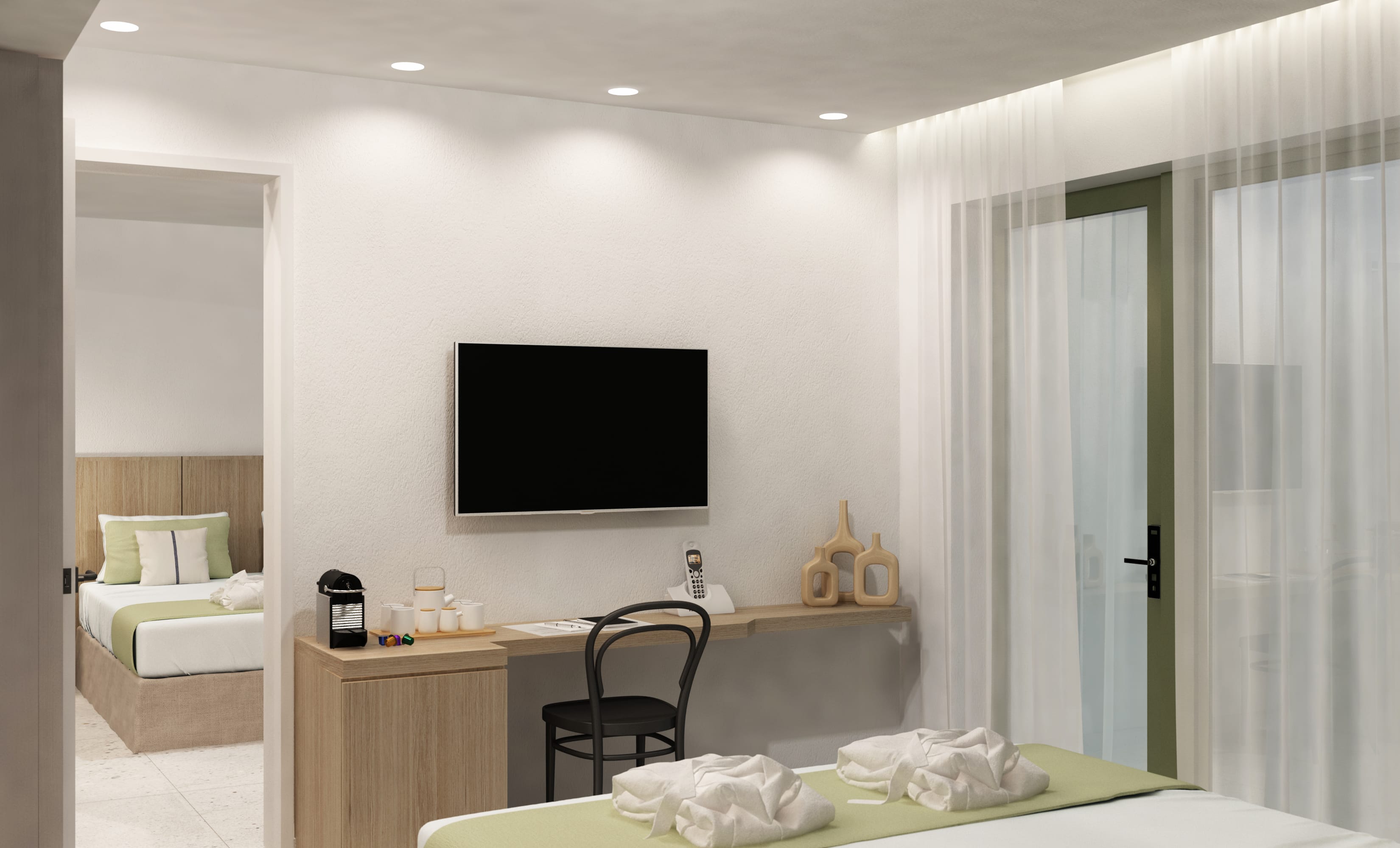 a room with a tv and a bed