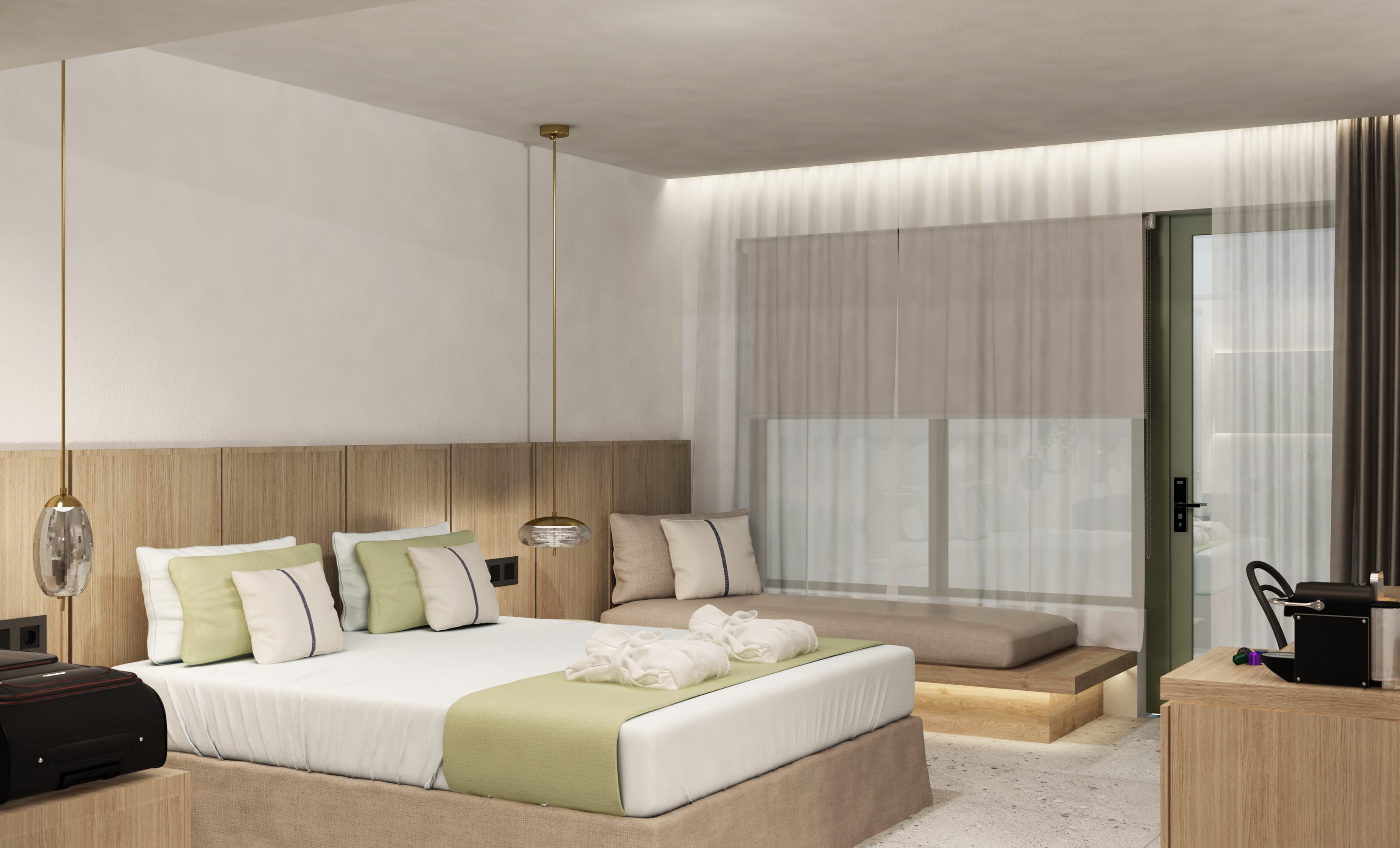 a bedroom with a bed and couch