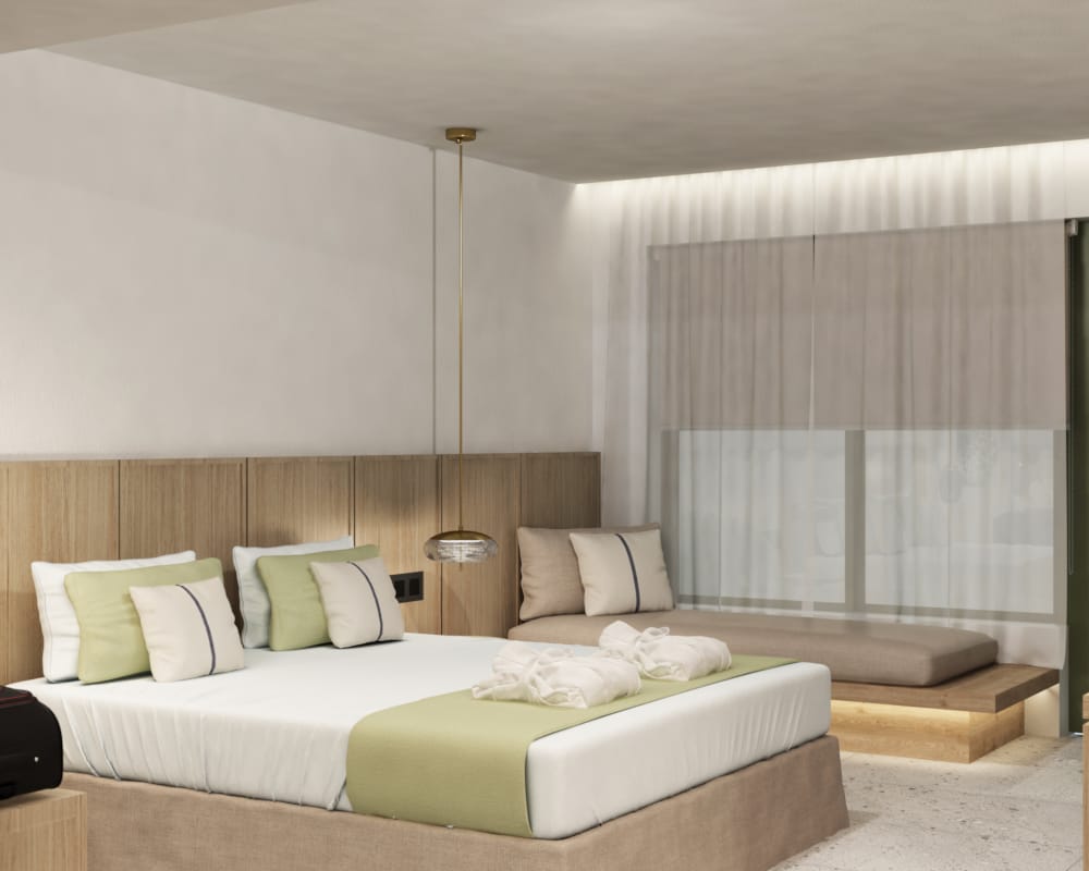 a bedroom with a bed and couch