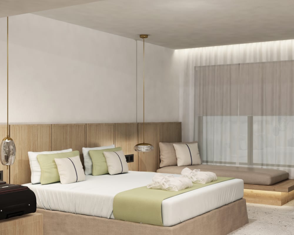 a bedroom with a bed and couch