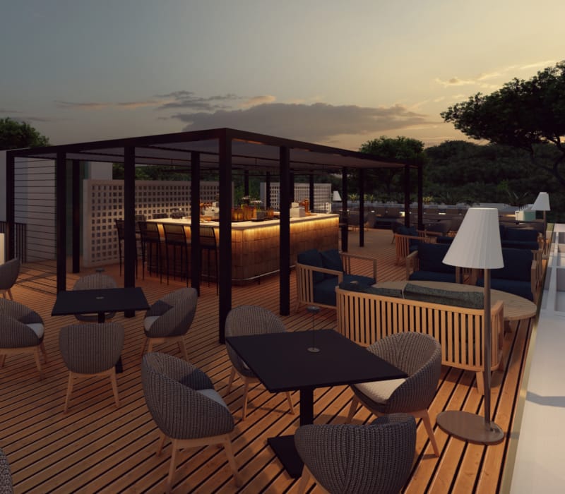 a deck with tables and chairs