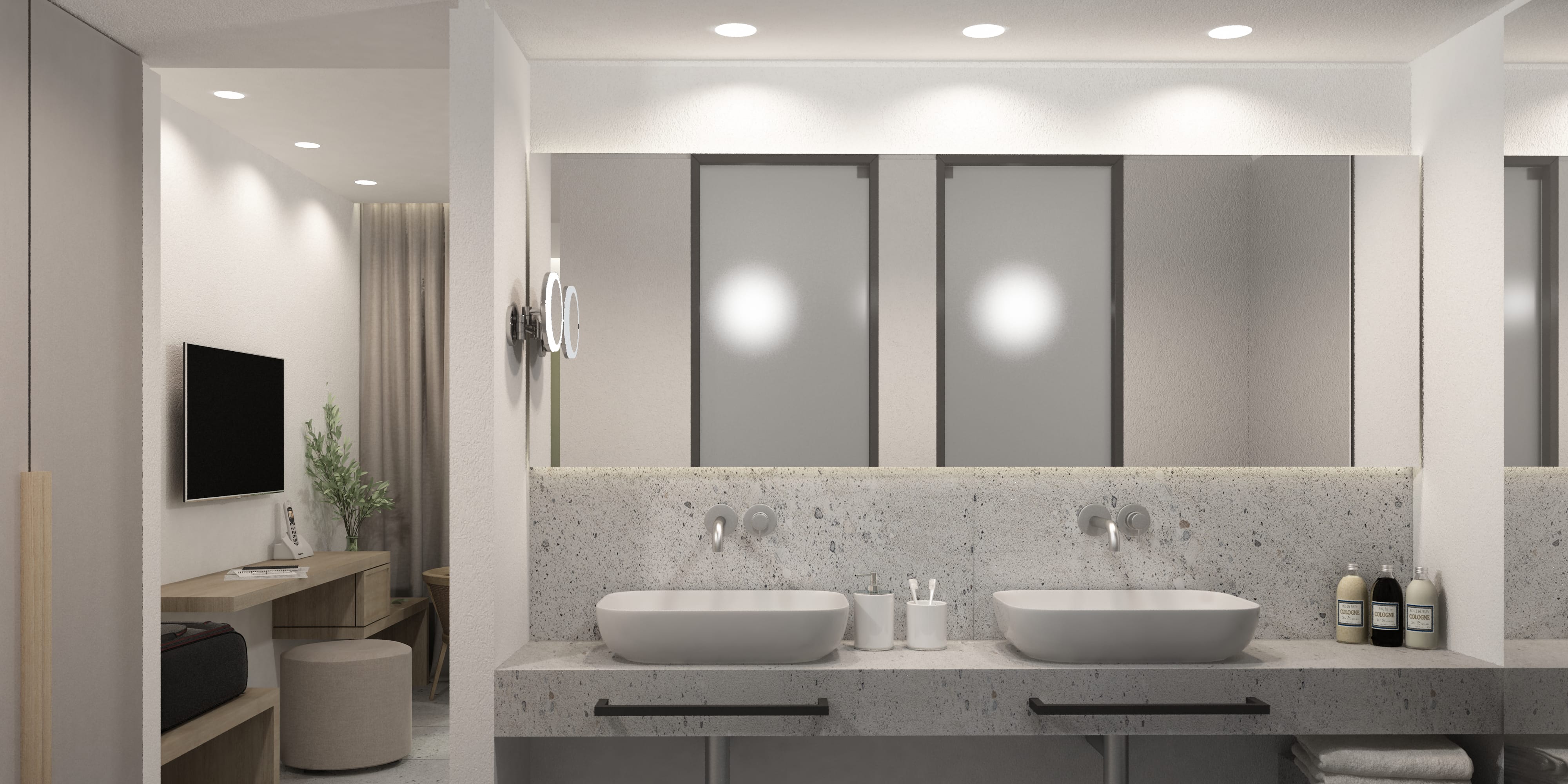 a bathroom with a large mirror