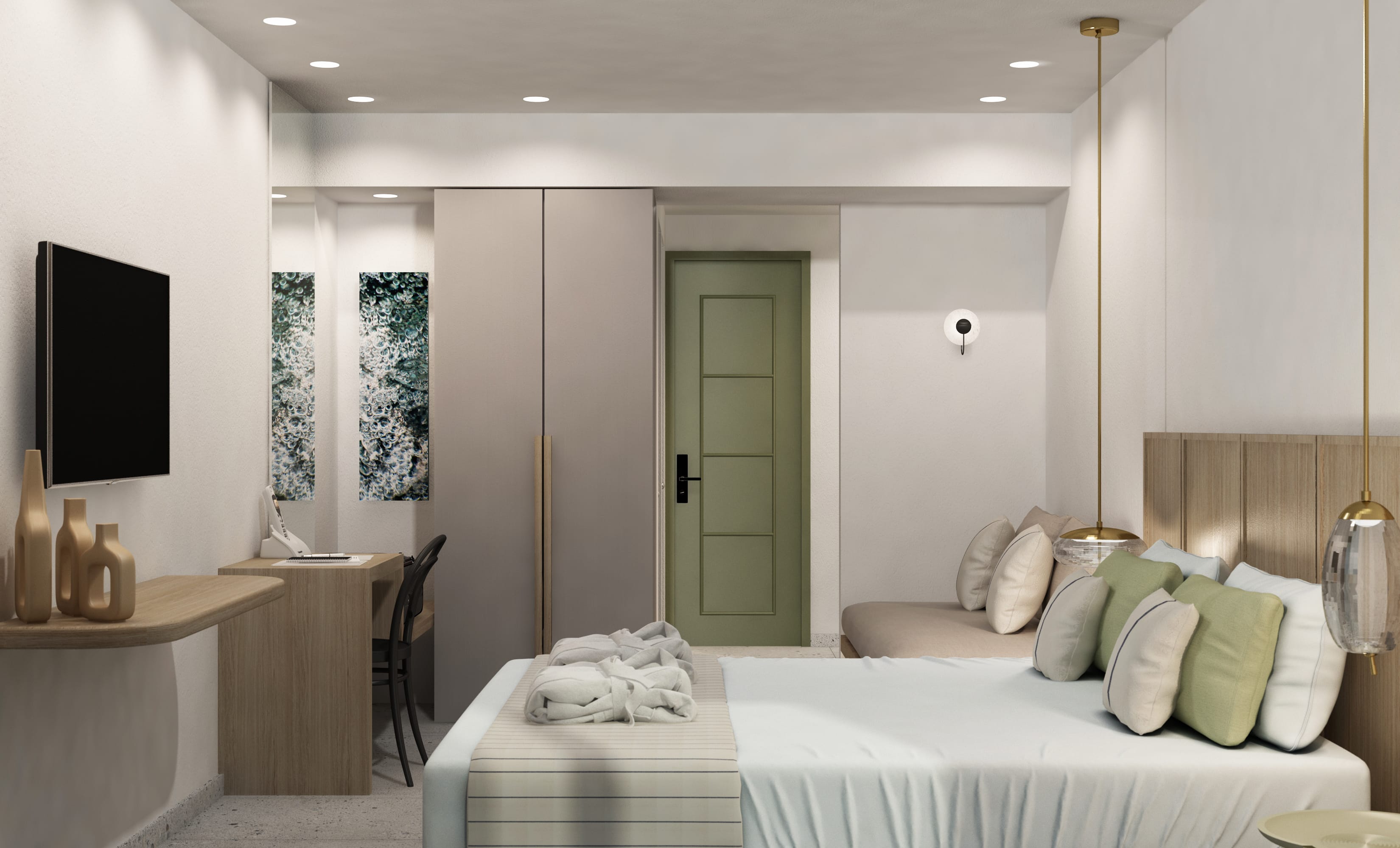 a room with a bed and a tv