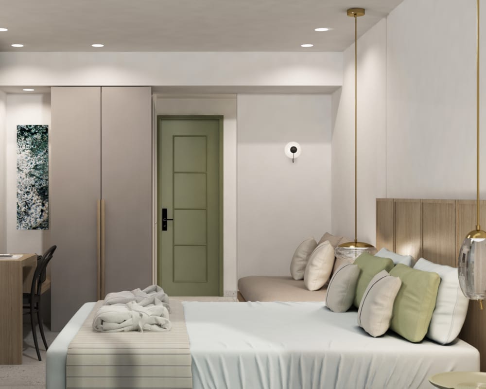 a room with a bed and a tv