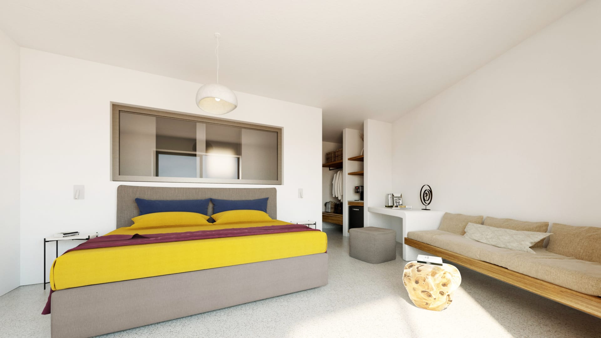 a room with a couch and a table