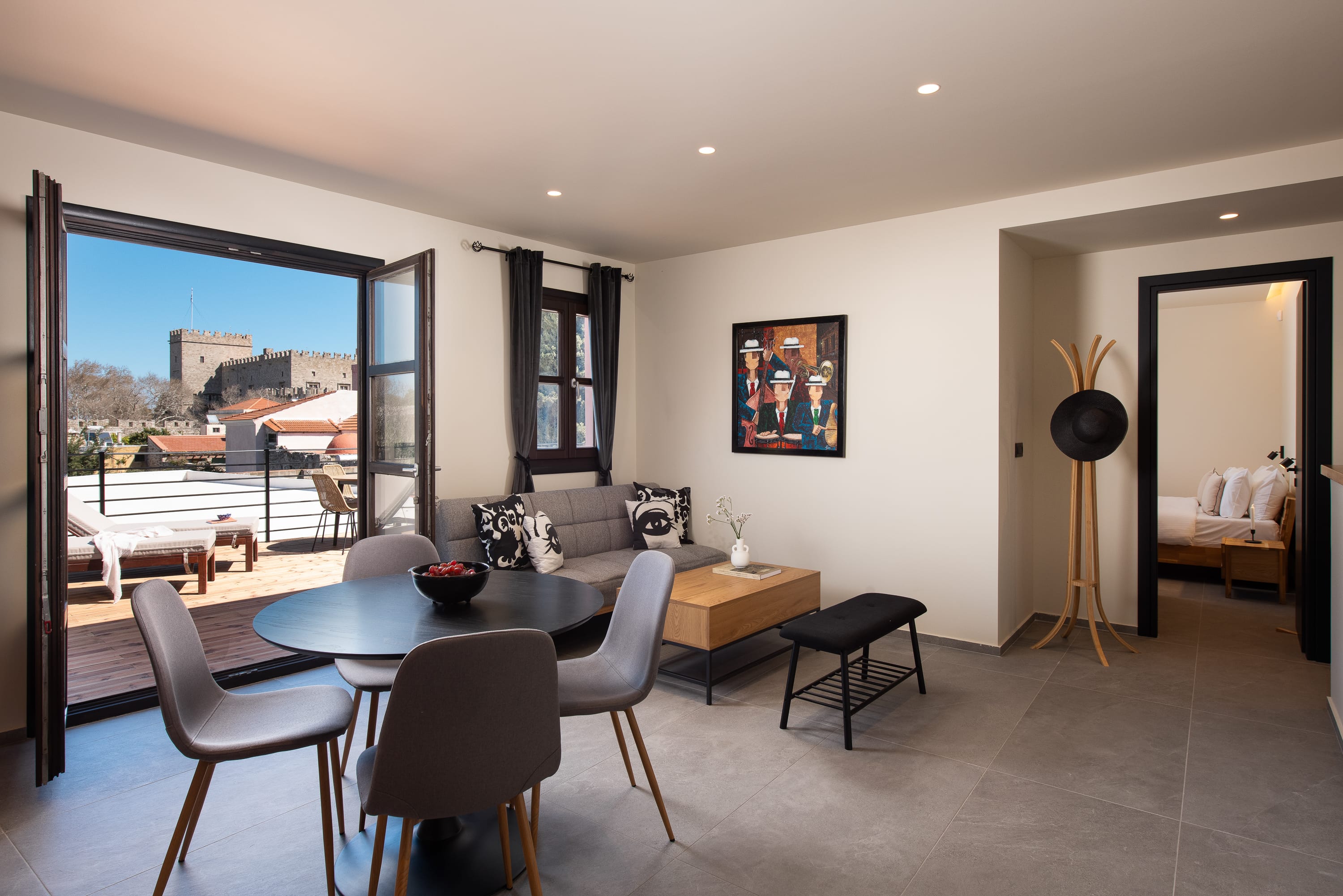 a room with a table and chairs