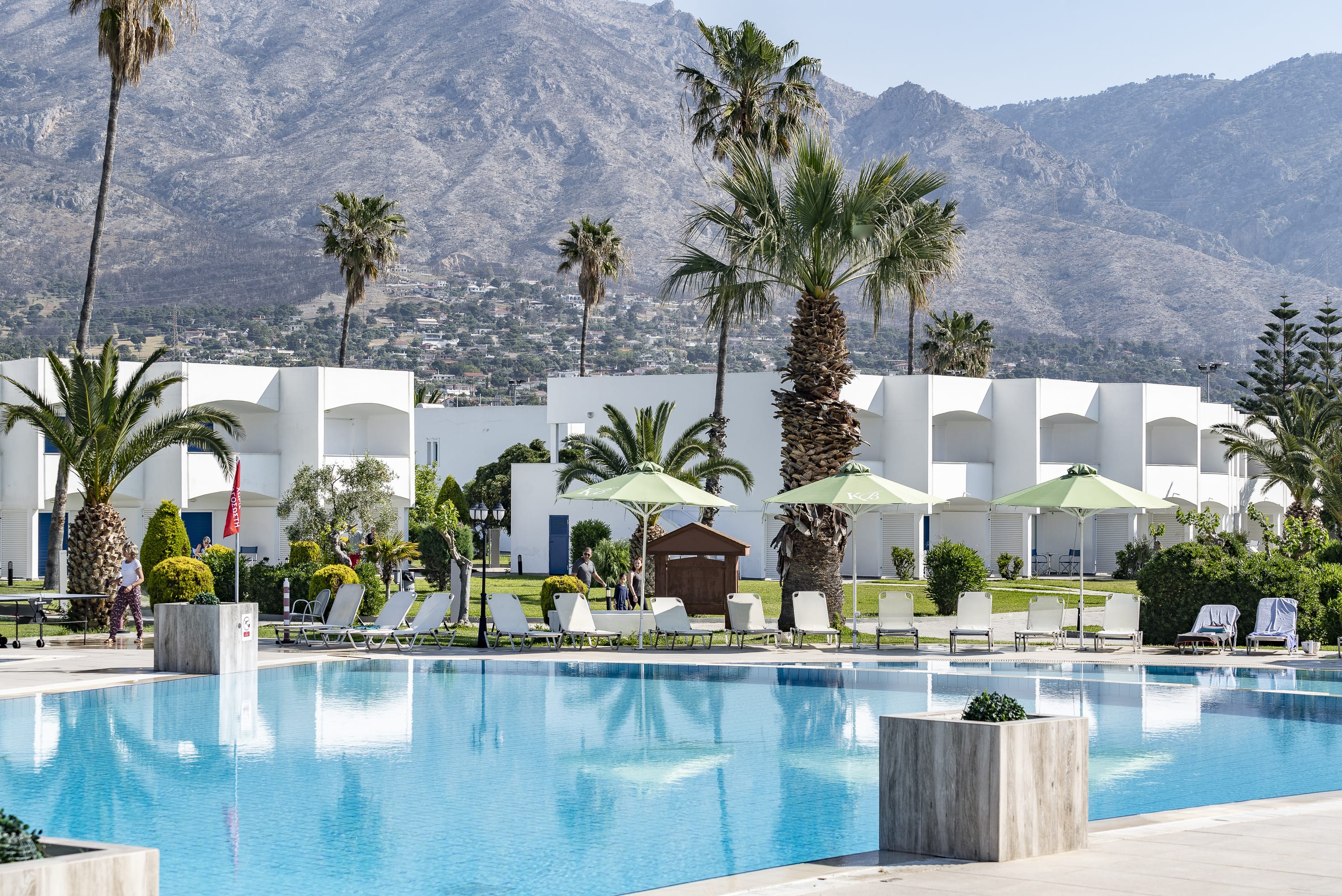 a pool with a mountain in the background