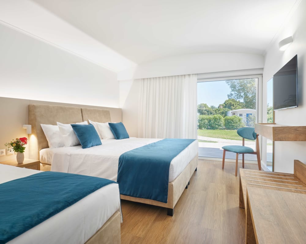 a room with a bed and a tv