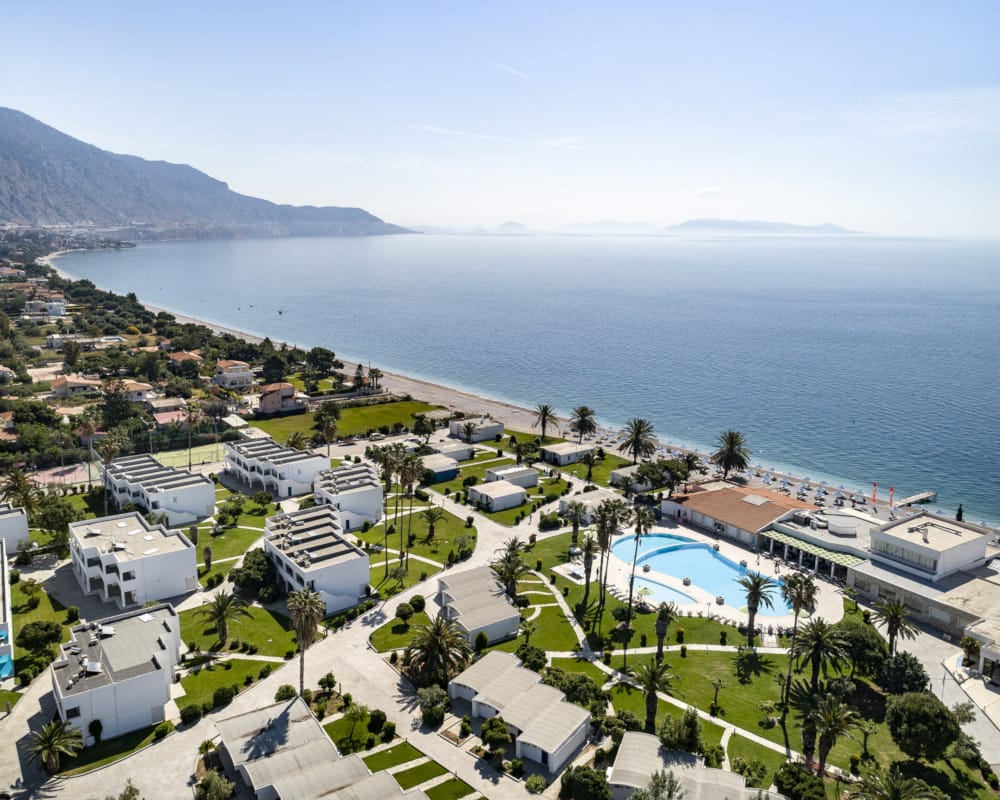a high angle view of a town by the sea