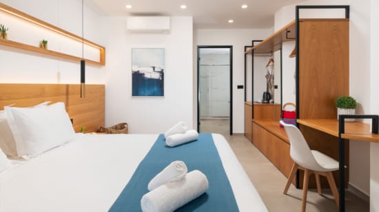 a room with a bed and a desk