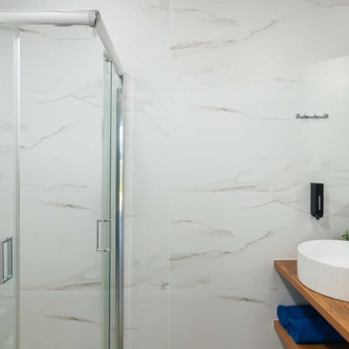 a bathroom with a sink and shower