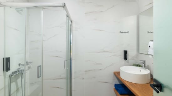 a bathroom with a sink and shower