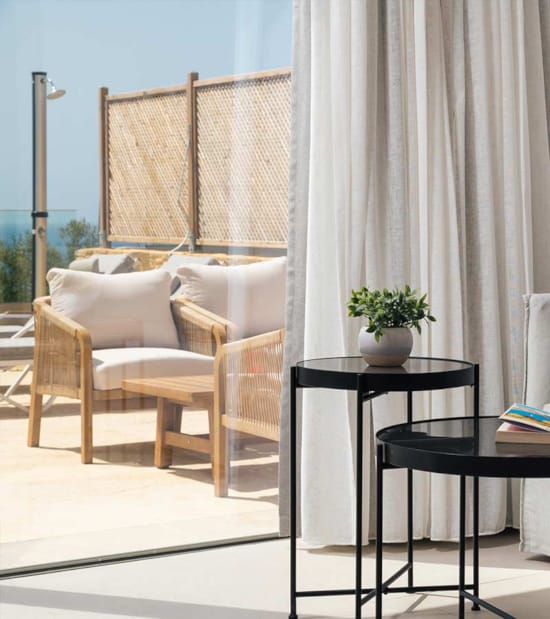 a white chair and a table