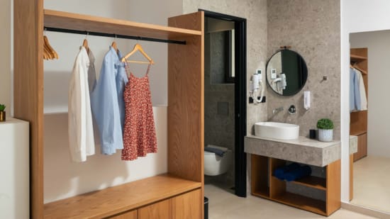 a bathroom with a mirror and a sink