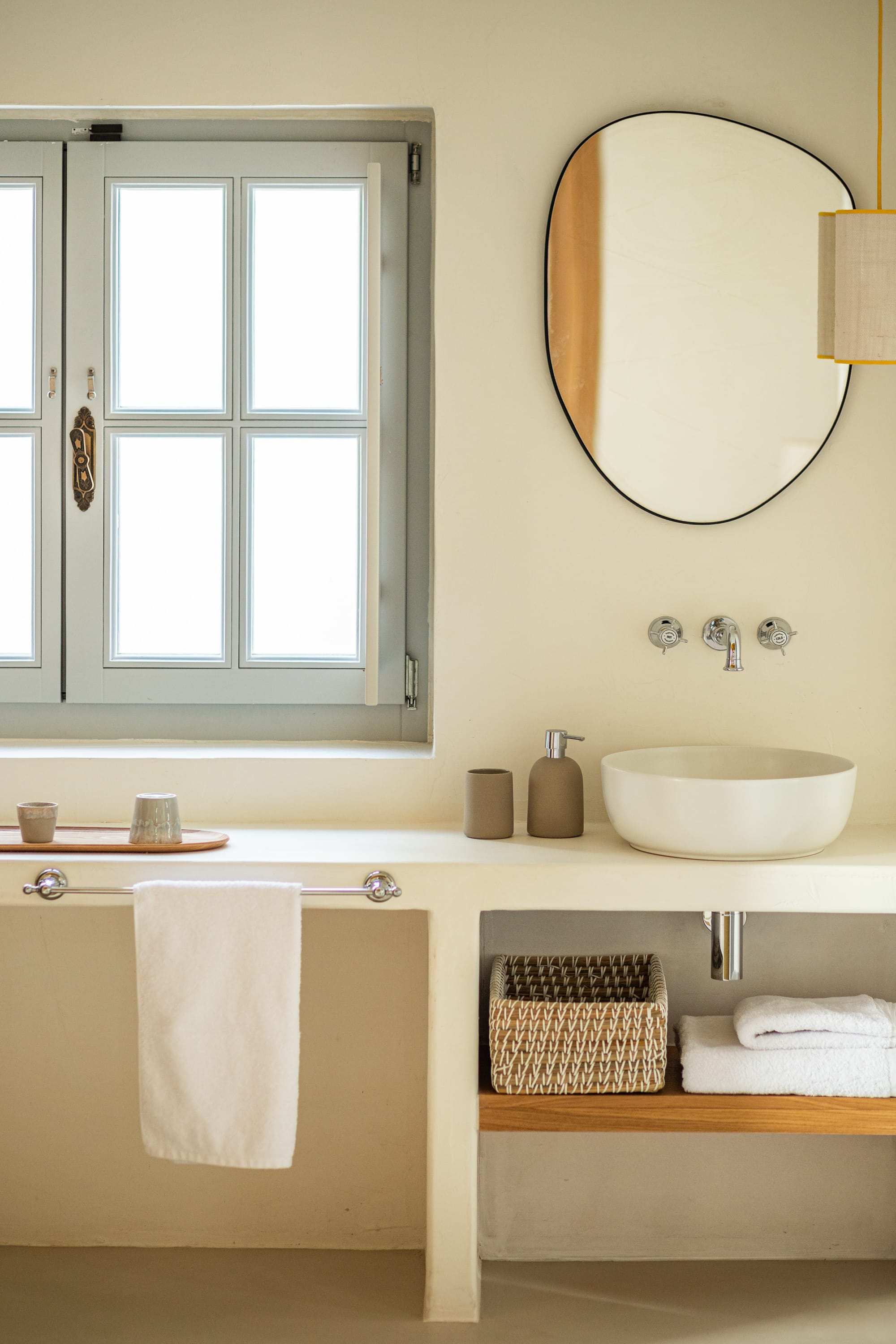 a bathroom with a large mirror