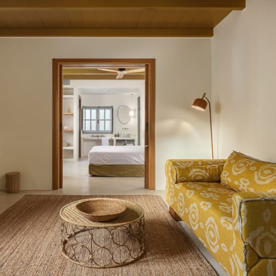 a bedroom with a bed and a couch