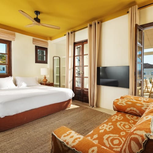 a bedroom with a large bed