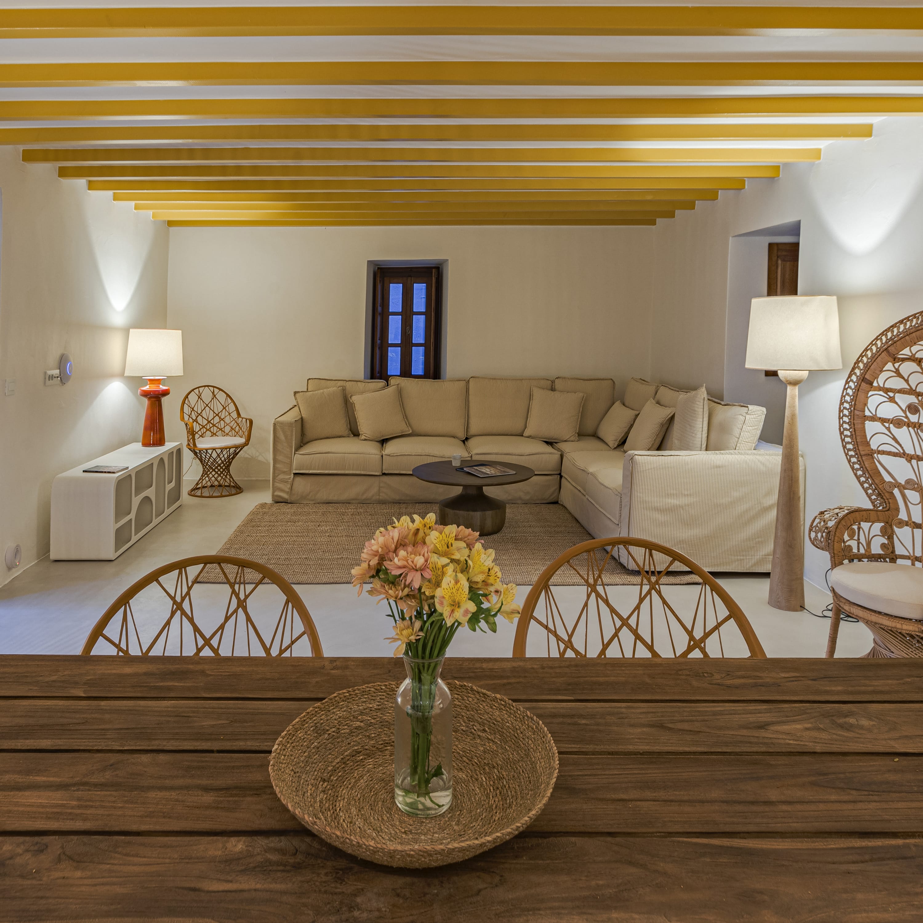 a living room with a couch and a coffee table